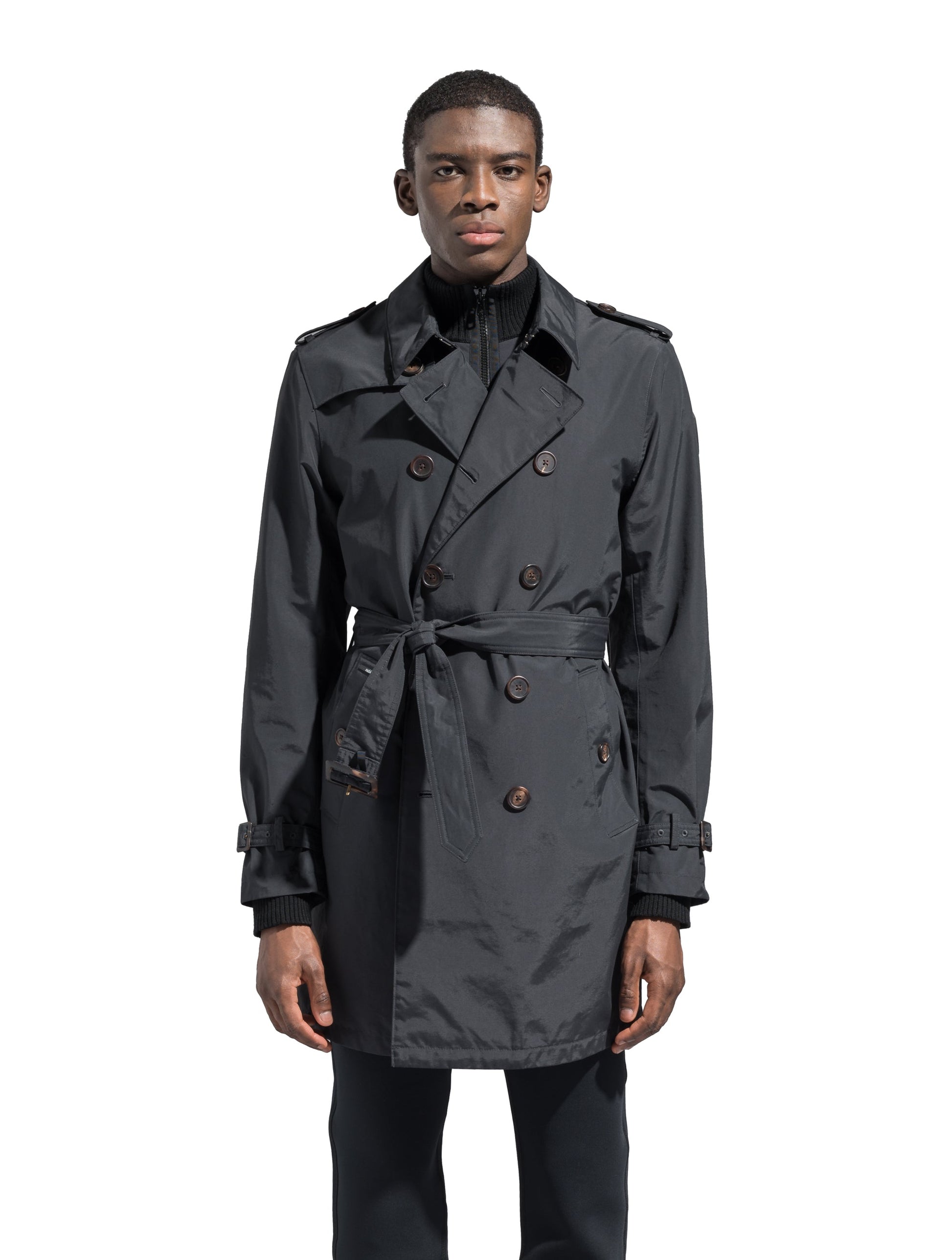 Men's thigh length trench coat with removable belt in Black