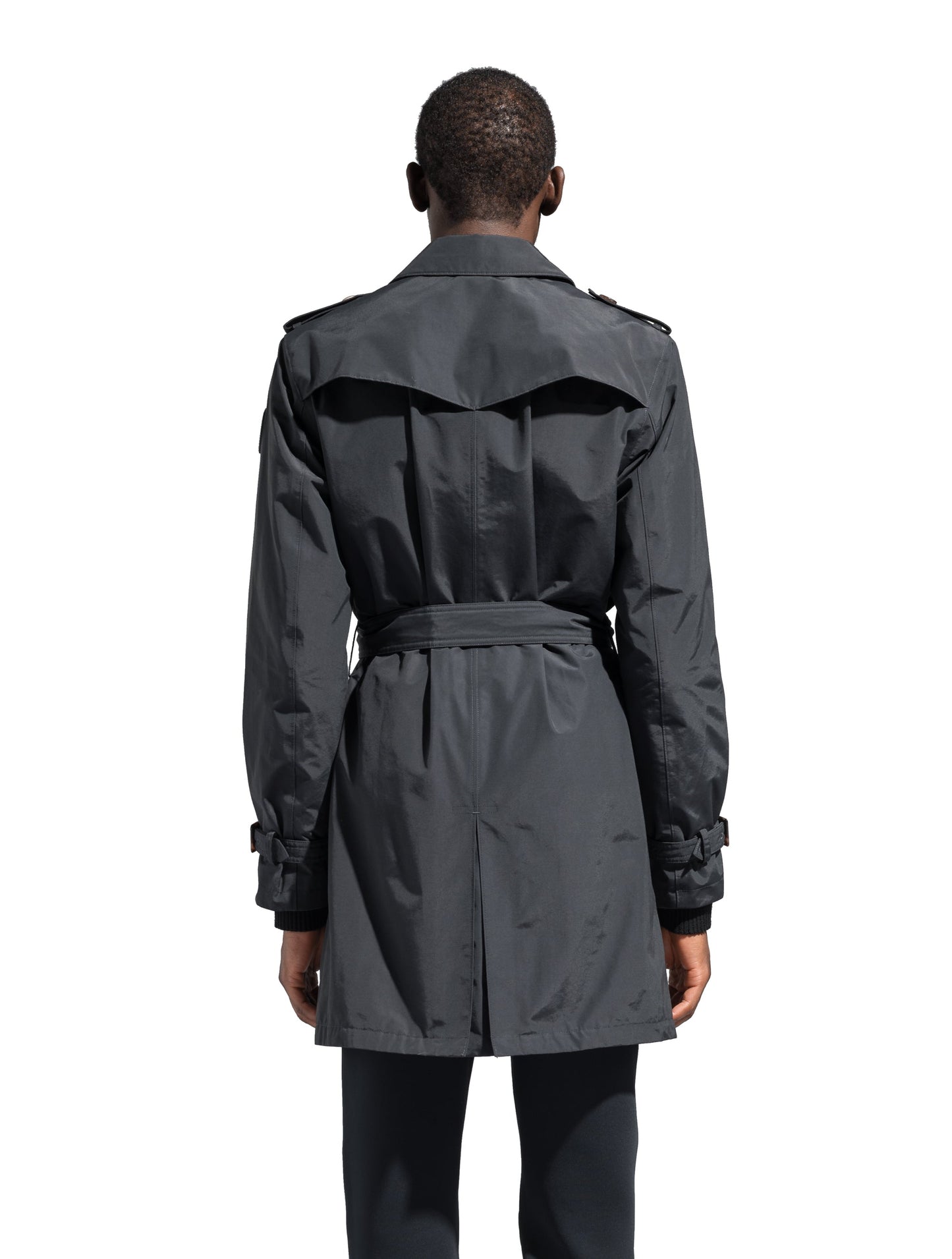 Men's thigh length trench coat with removable belt in Black