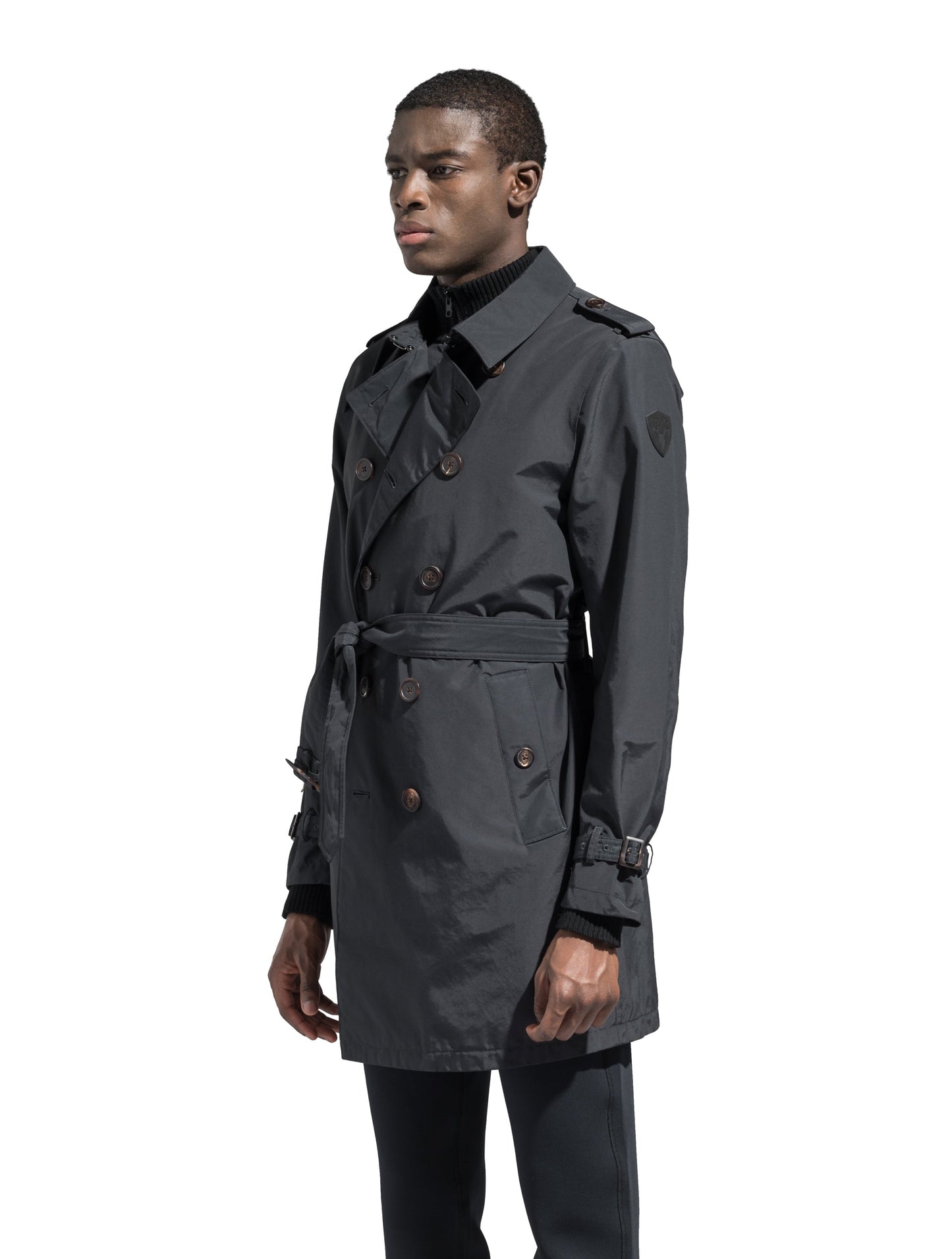 Men's thigh length trench coat with removable belt in Black