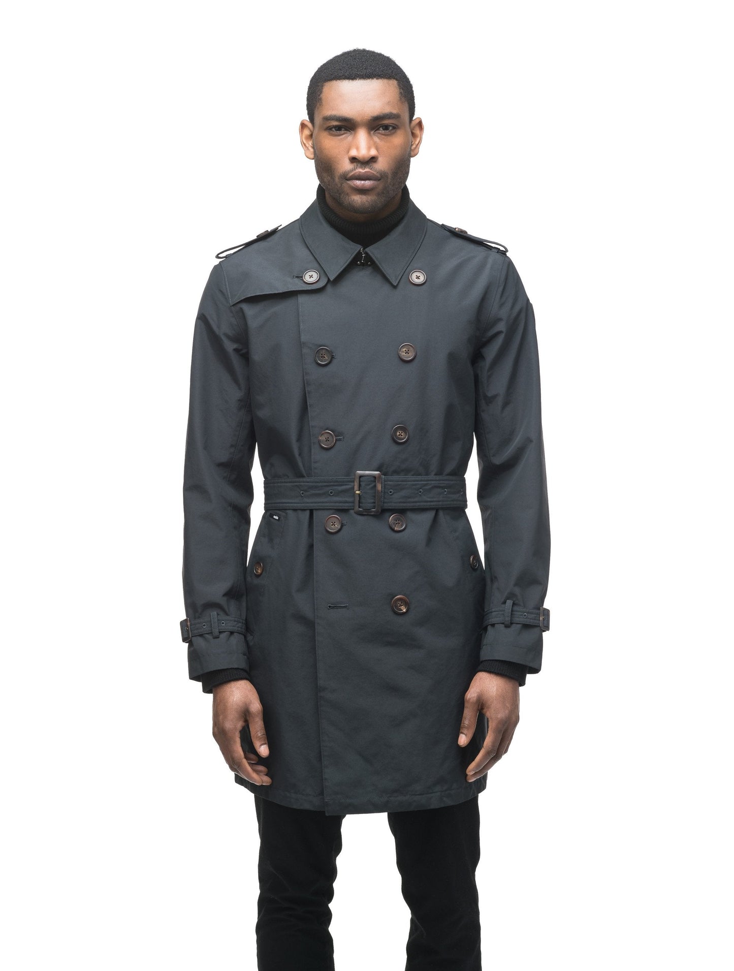 Men's thigh length trench coat with removable belt in Black