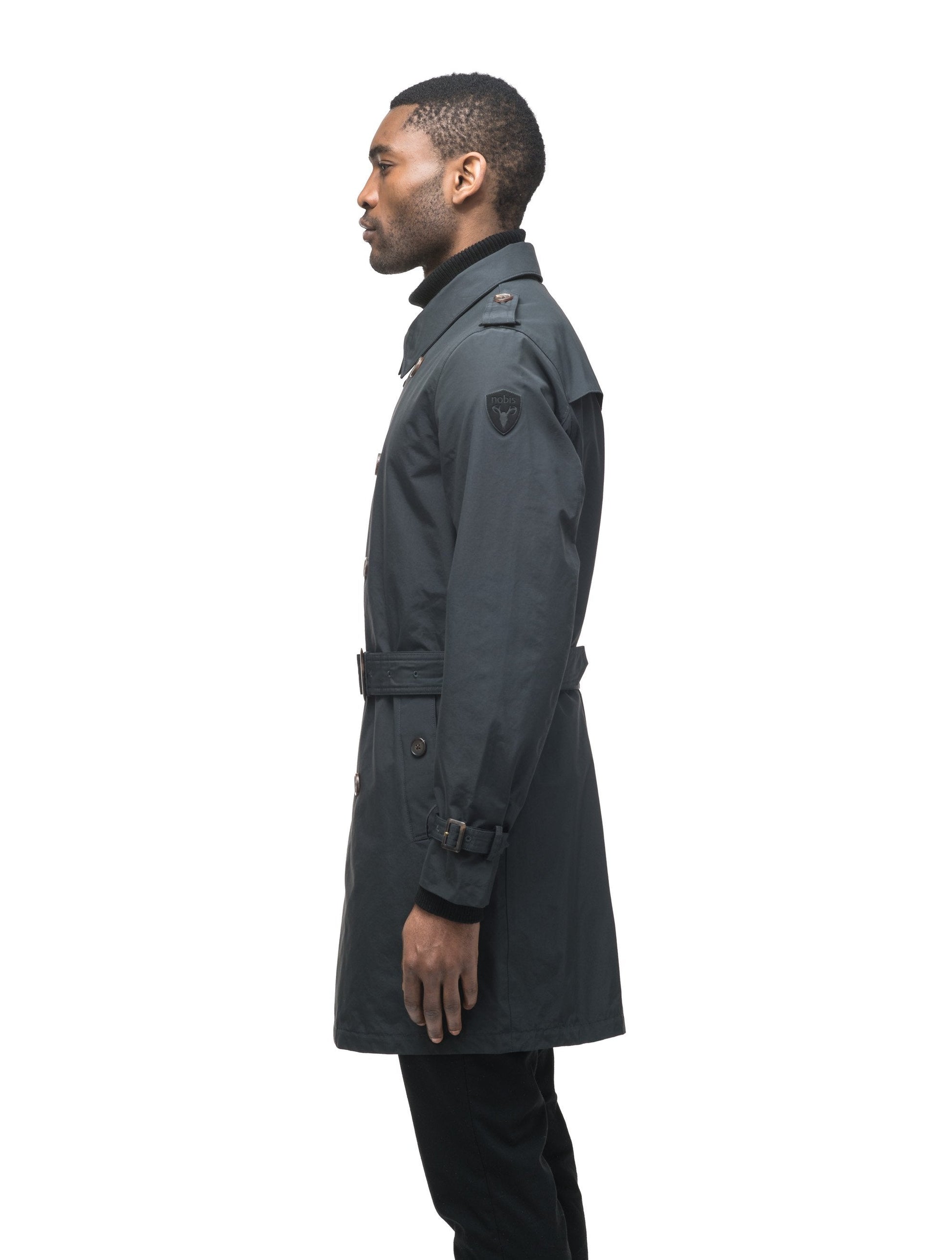 Men's thigh length trench coat with removable belt in Black