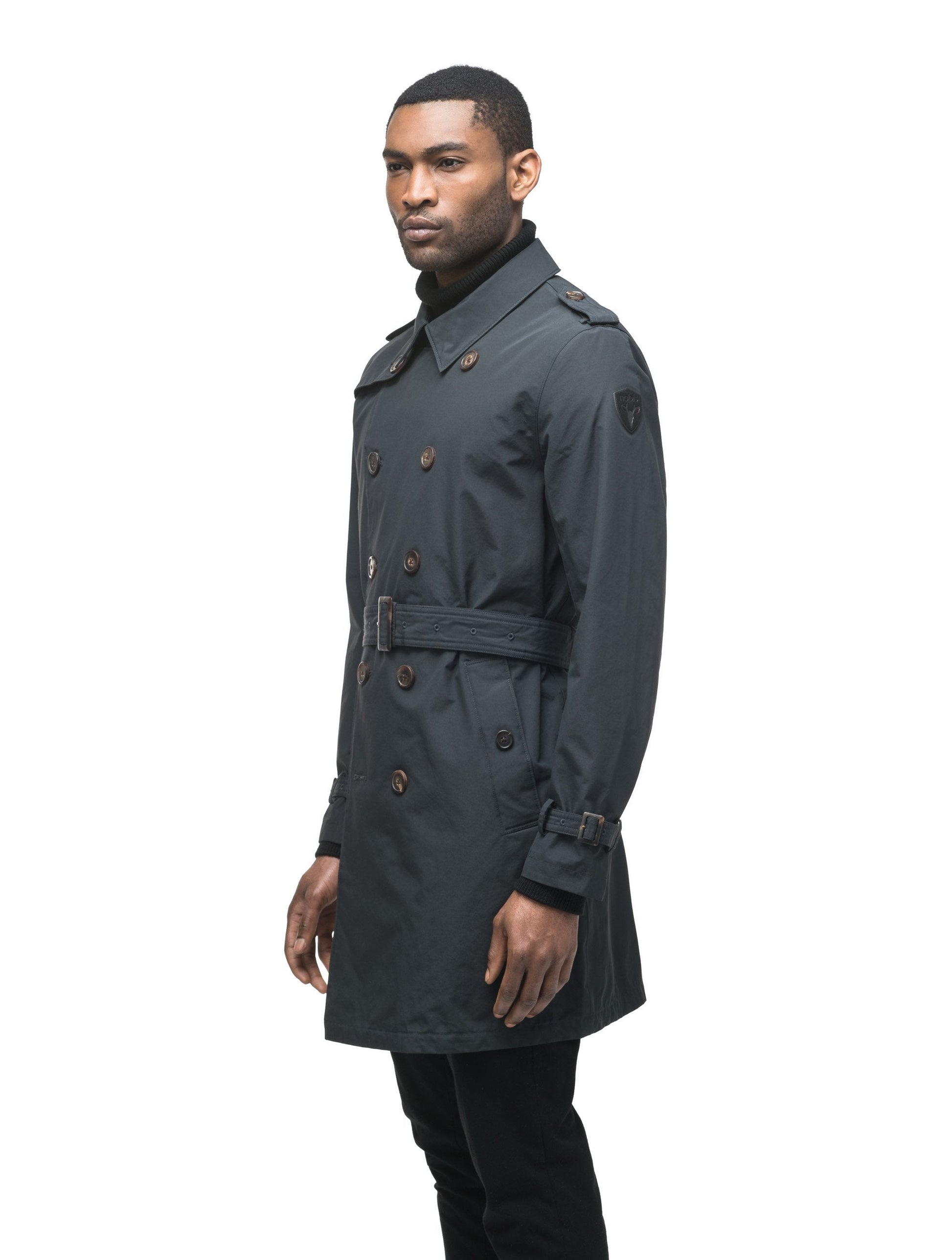 Men's thigh length trench coat with removable belt in Black