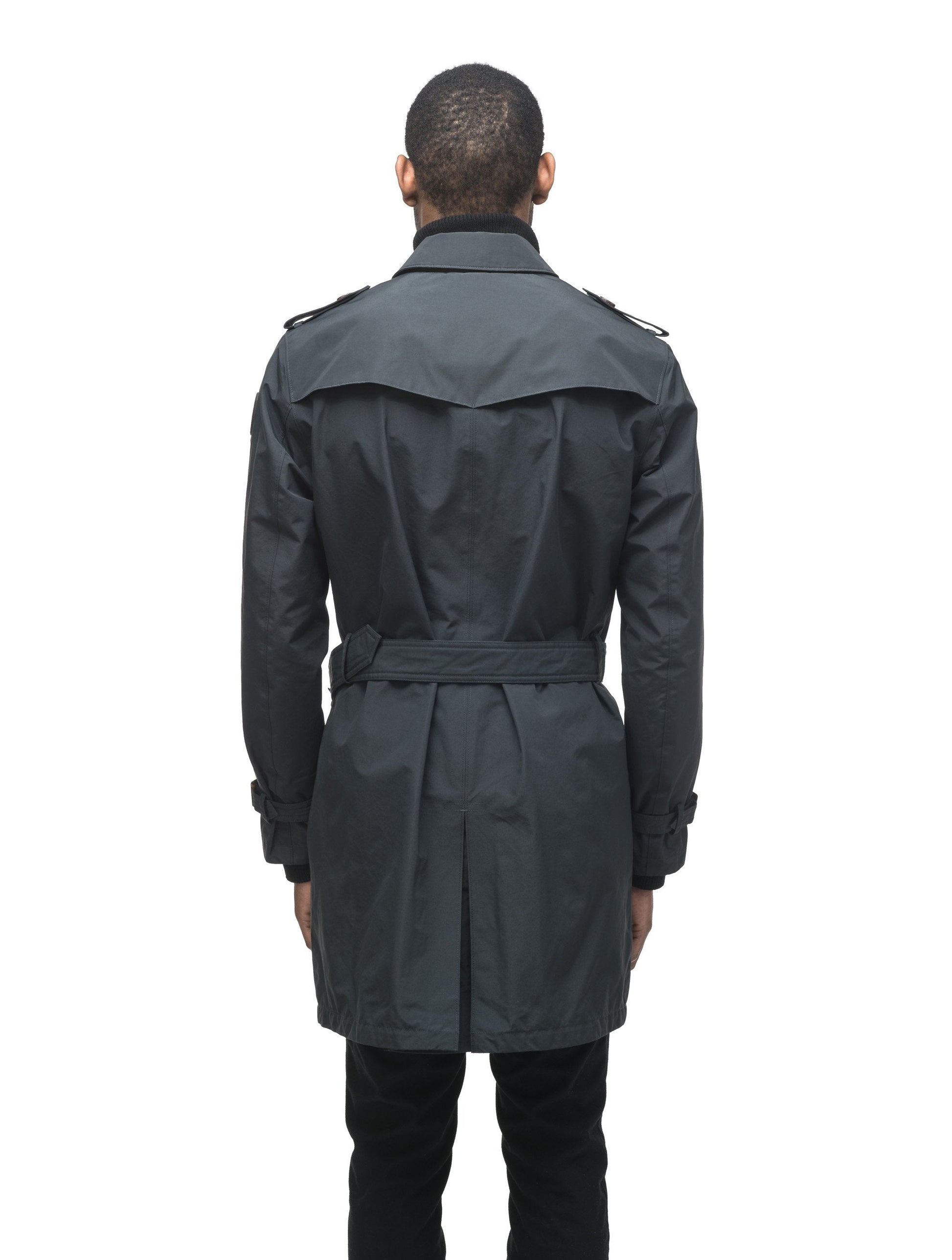 Men's thigh length trench coat with removable belt in Black