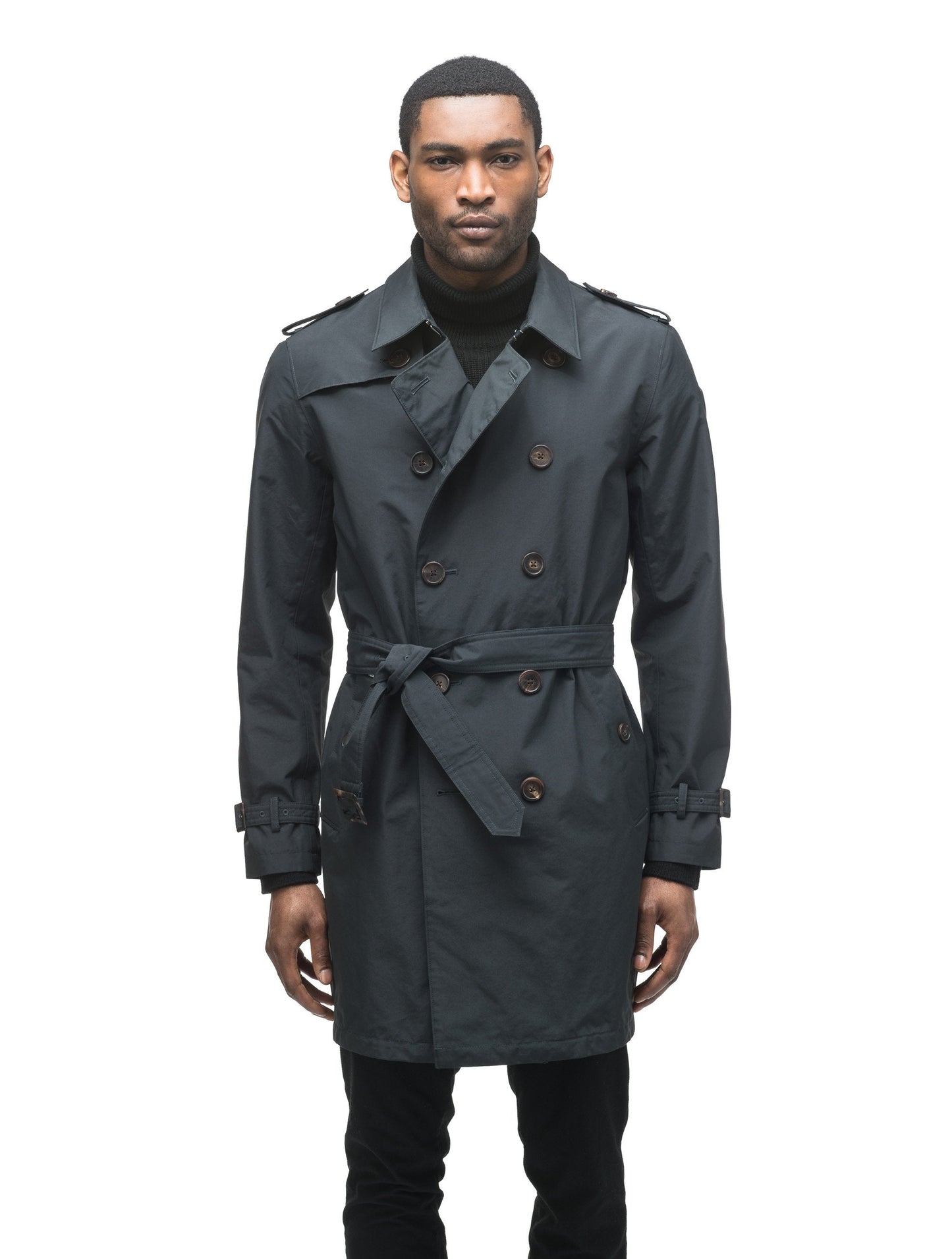 Men's thigh length trench coat with removable belt in Black