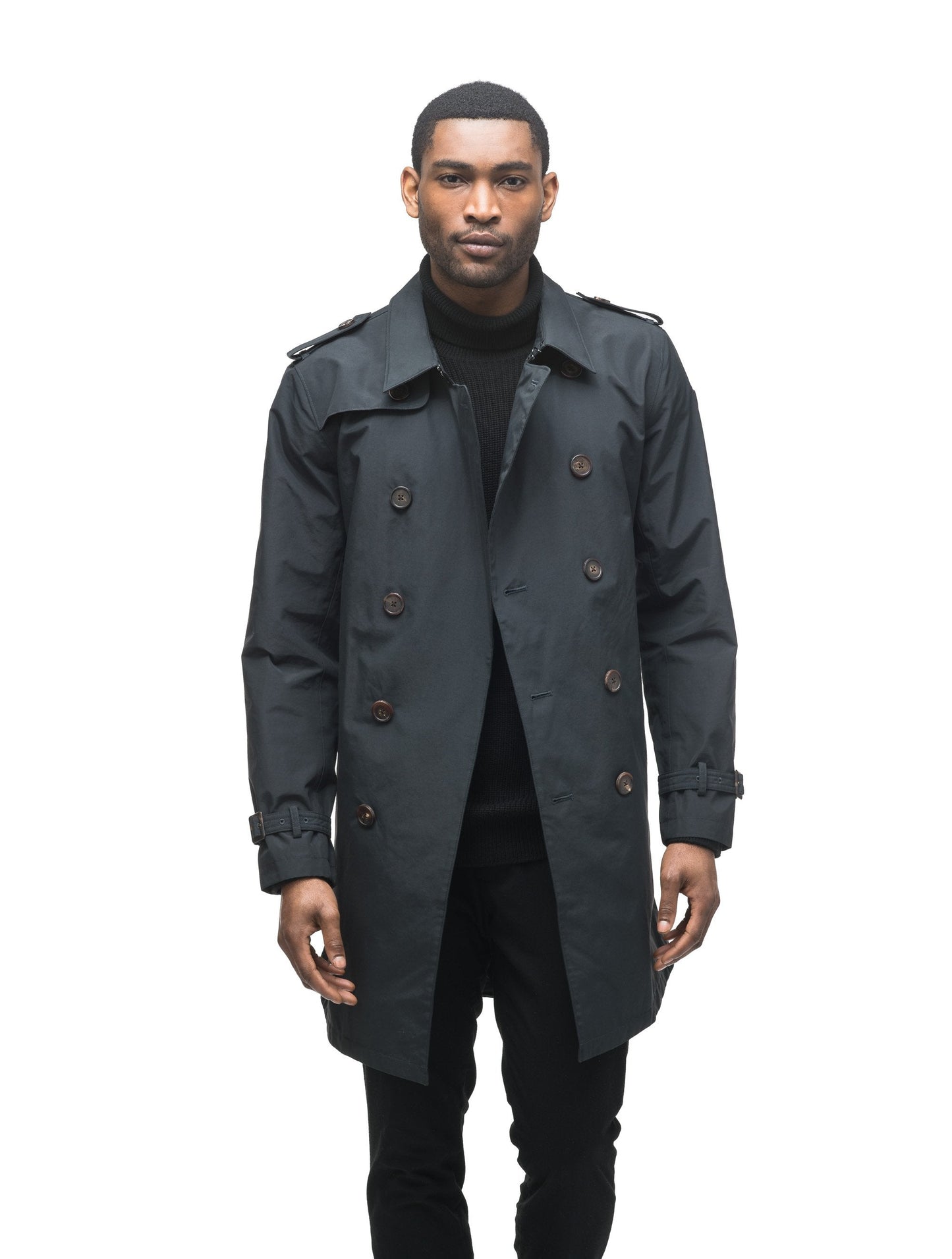 Men's thigh length trench coat with removable belt in Black