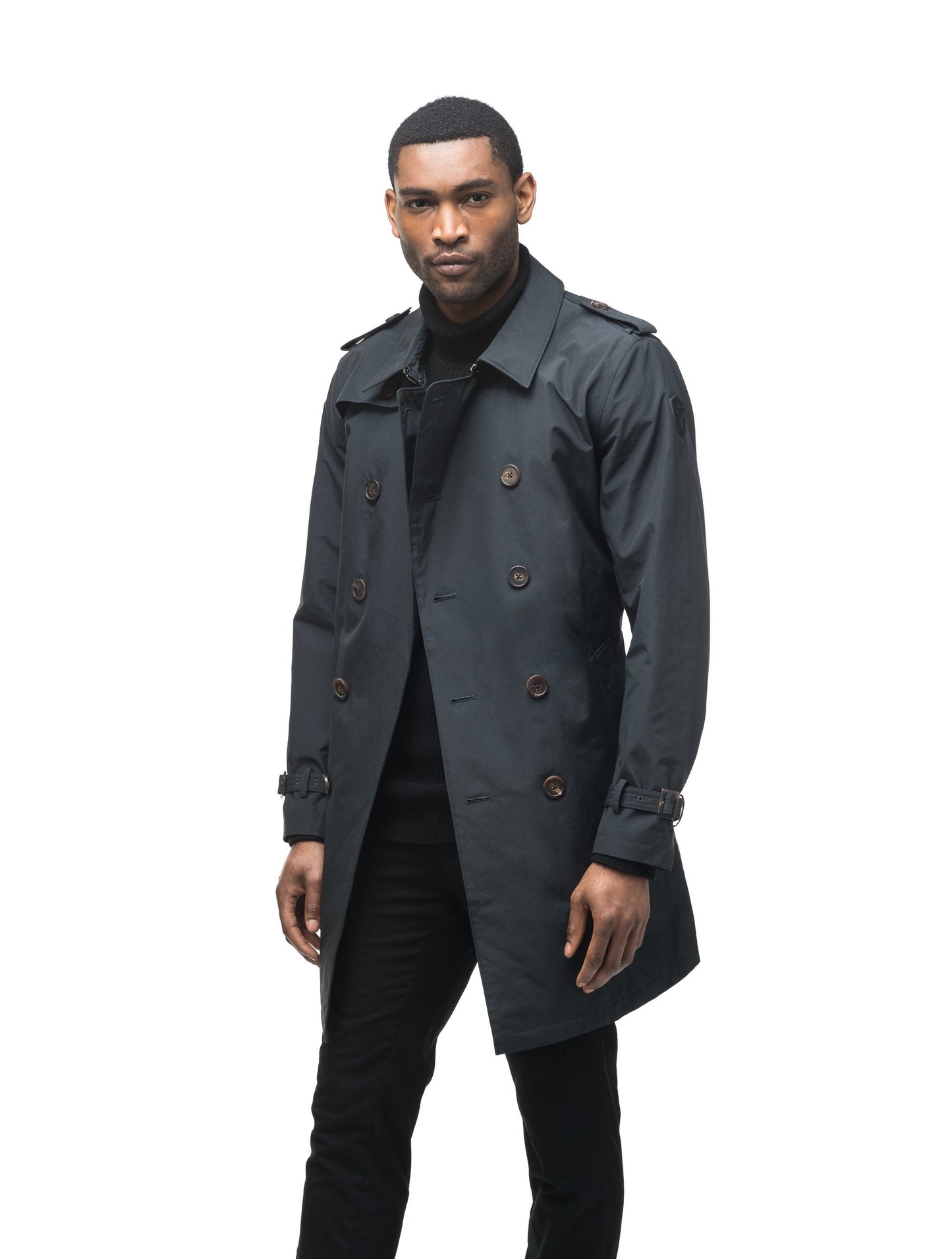 Men's thigh length trench coat with removable belt in Black