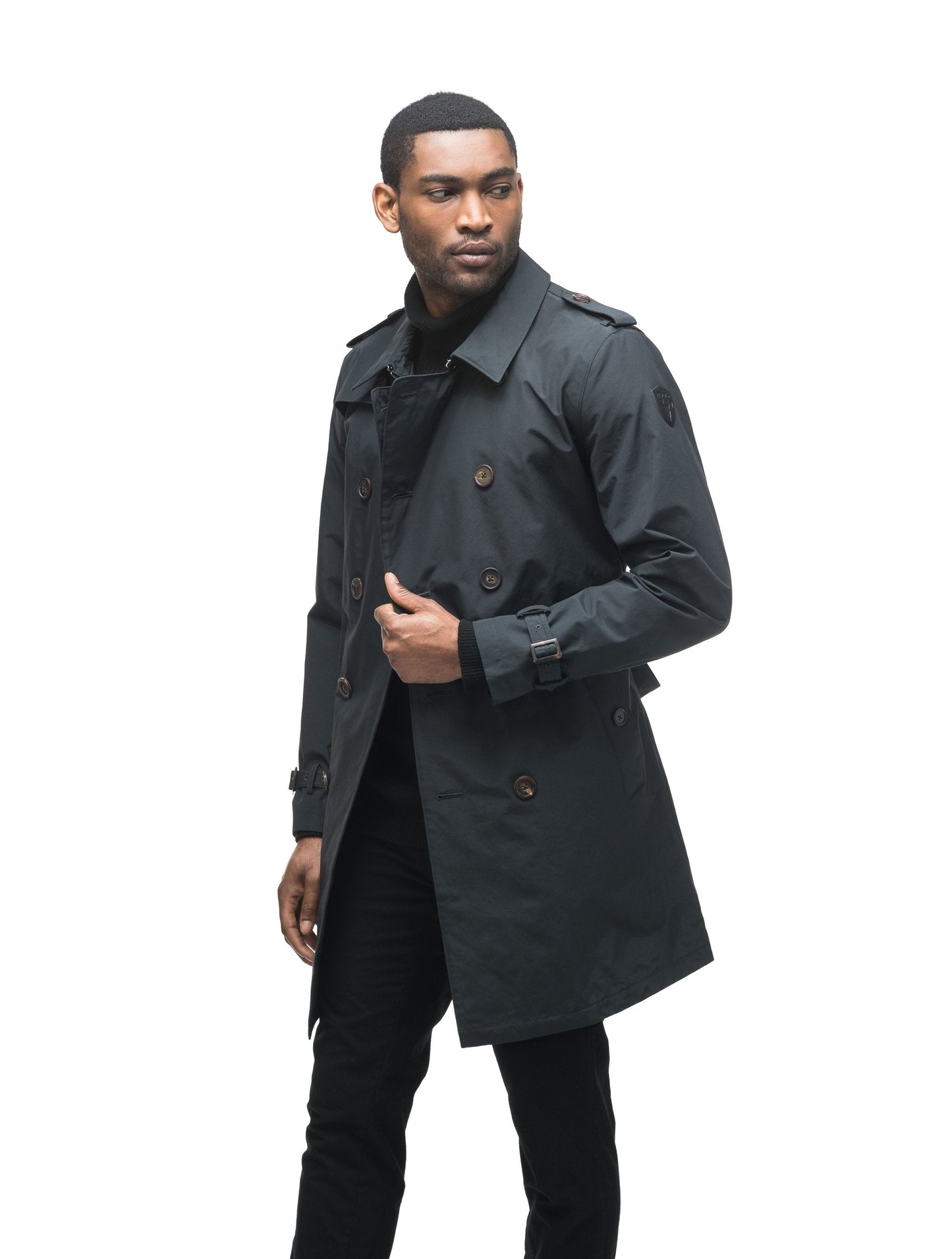 Men's thigh length trench coat with removable belt in Black