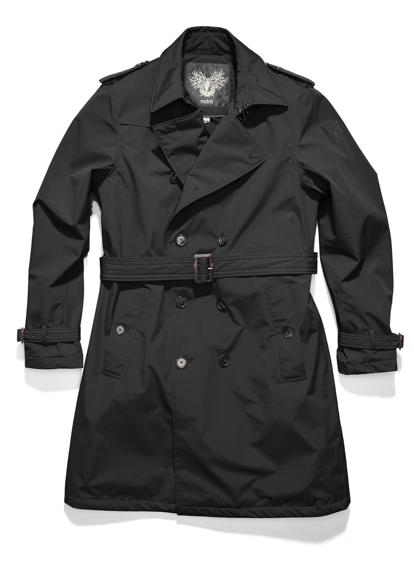 Men's thigh length trench coat with removable belt in Black