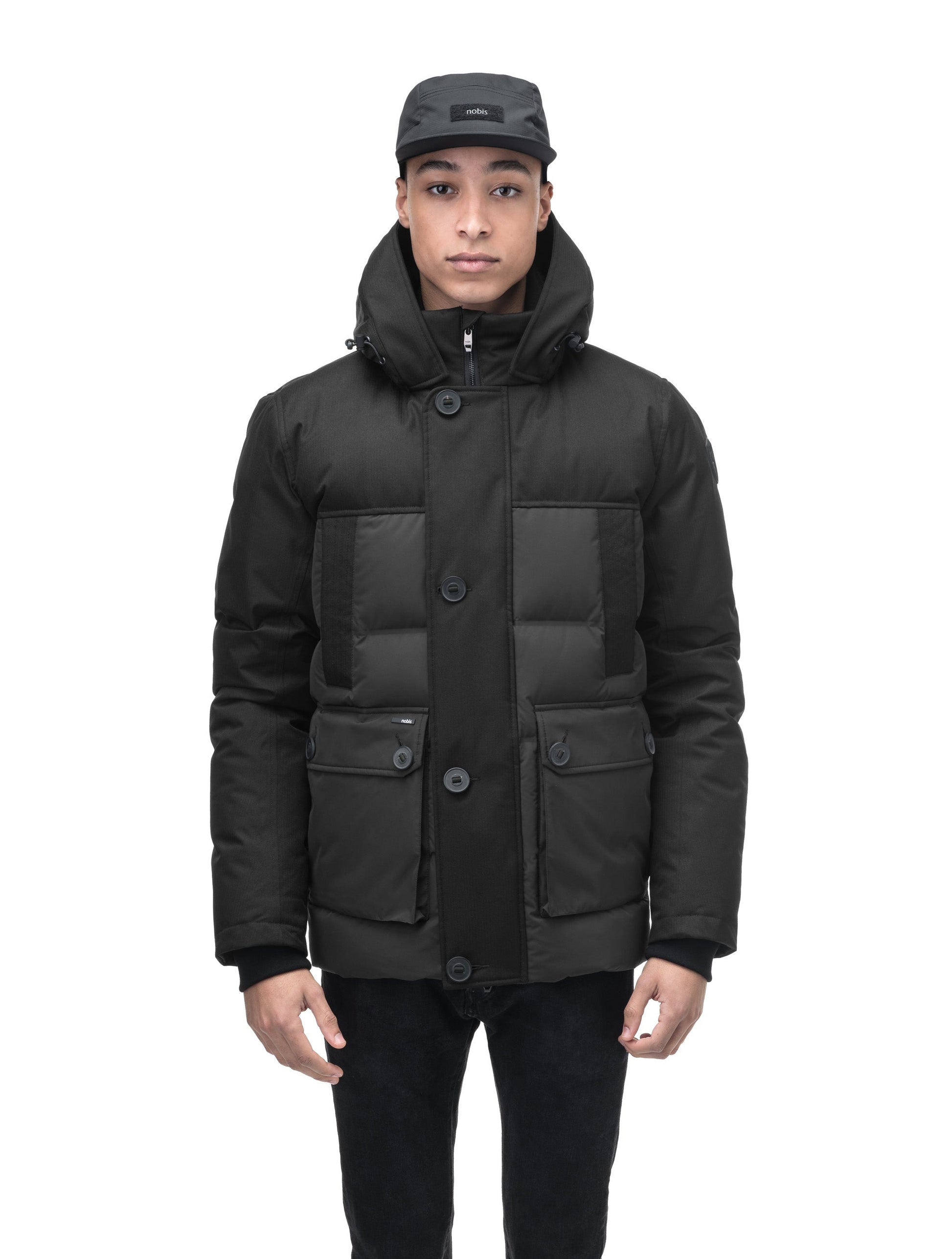 Cardinal Men's Puffer Parka in hip length, Canadian duck down insulation, removable hood, quilted body, and two-way front zipper, in Black