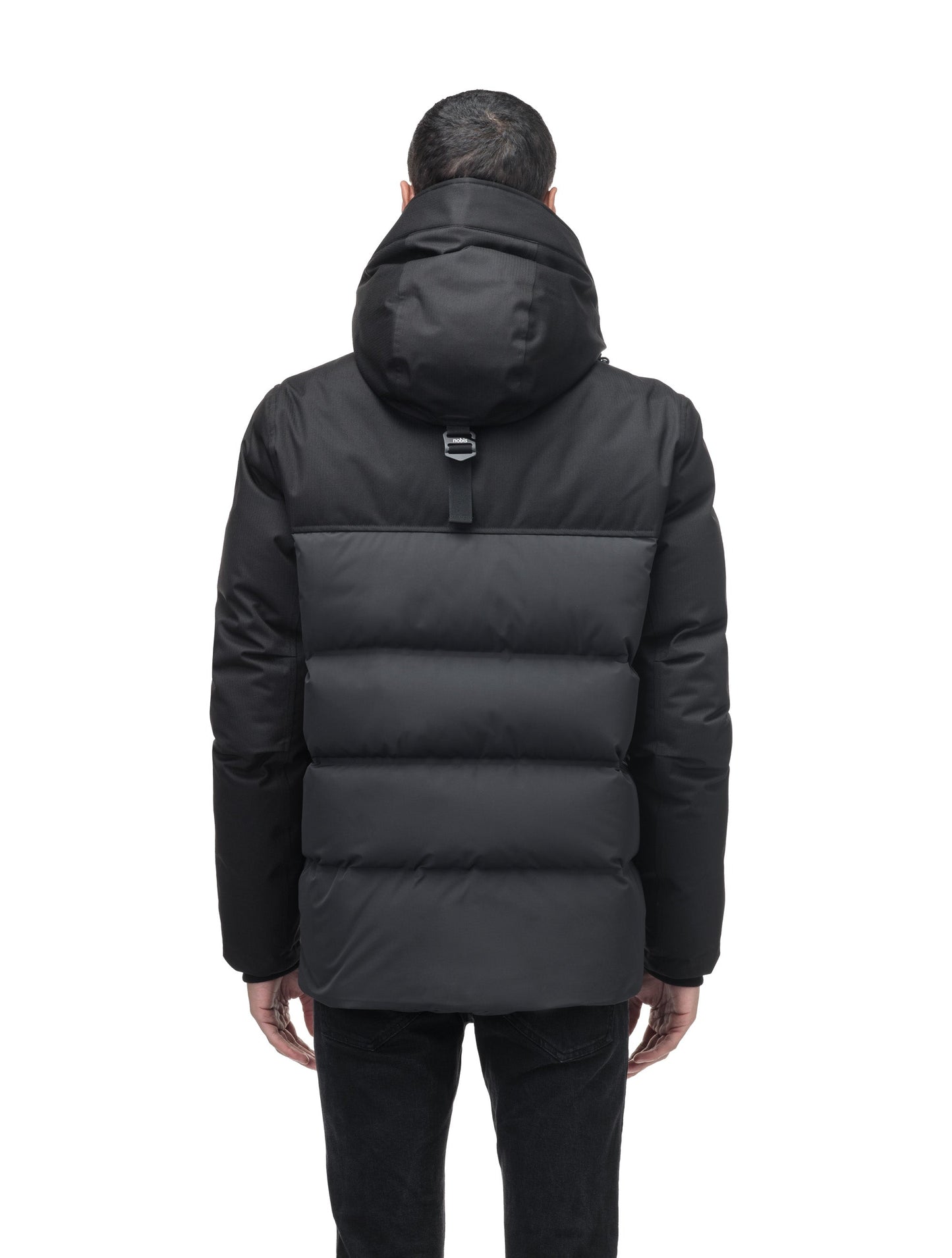 Cardinal Men's Puffer Parka in hip length, Canadian duck down insulation, removable hood, quilted body, and two-way front zipper, in Black