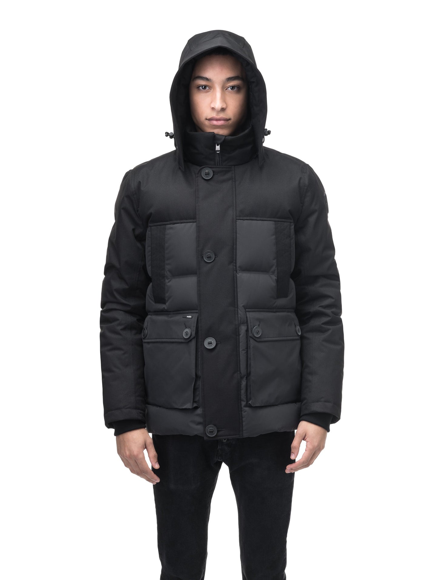 Cardinal Men's Puffer Parka in hip length, Canadian duck down insulation, removable hood, quilted body, and two-way front zipper, in Black