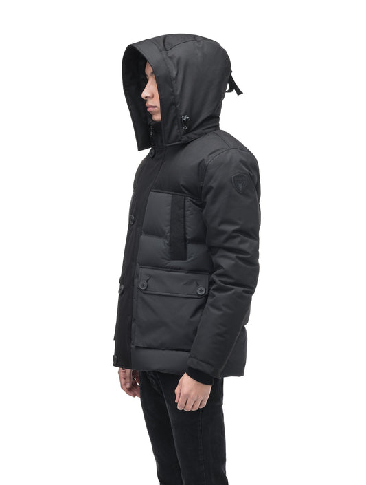 Cardinal Men's Puffer Parka in hip length, Canadian duck down insulation, removable hood, quilted body, and two-way front zipper, in Black + Black