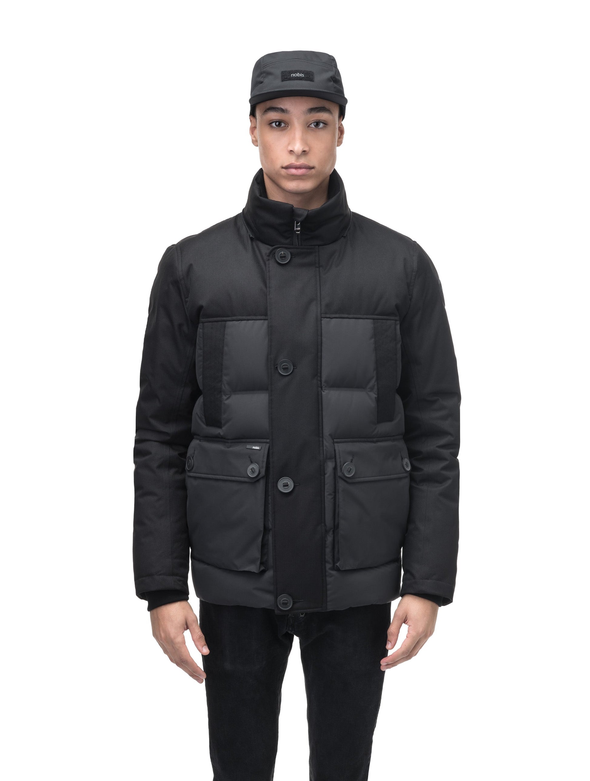 Cardinal Men's Puffer Parka in hip length, Canadian duck down insulation, removable hood, quilted body, and two-way front zipper, in Black