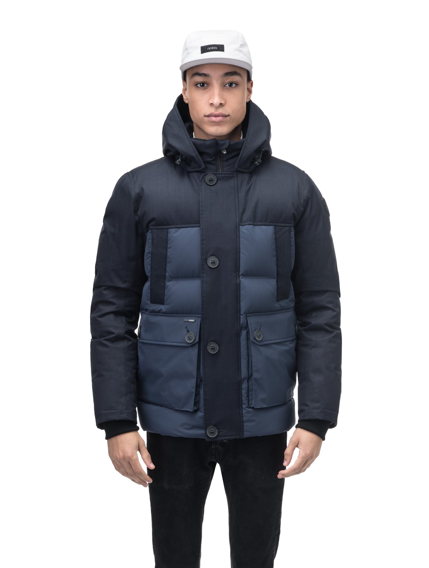 Cardinal Men's Puffer Parka in hip length, Canadian duck down insulation, removable hood, quilted body, and two-way front zipper, in Navy