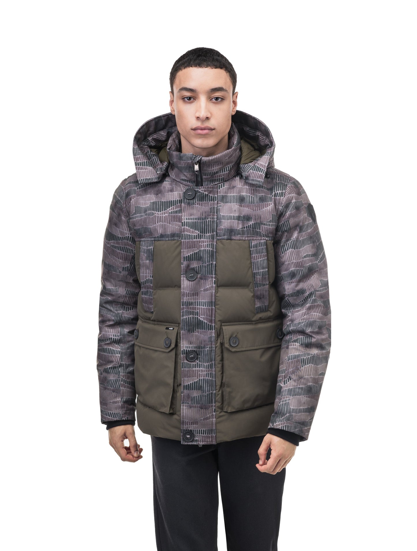 Cardinal Men's Puffer Parka in hip length, Canadian duck down insulation, removable hood, quilted body, and two-way front zipper, in Dark Sandstorm