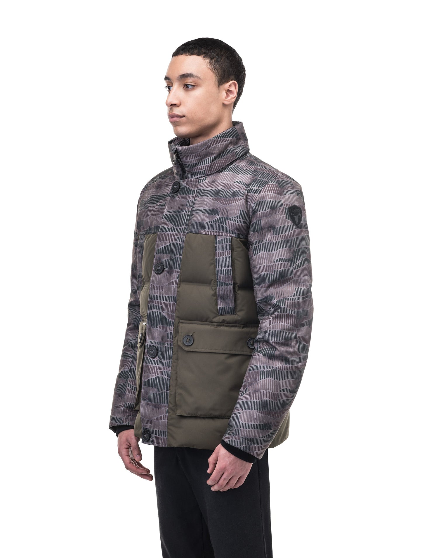 Cardinal Men's Puffer Parka in hip length, Canadian duck down insulation, removable hood, quilted body, and two-way front zipper, in Dark Sandstorm