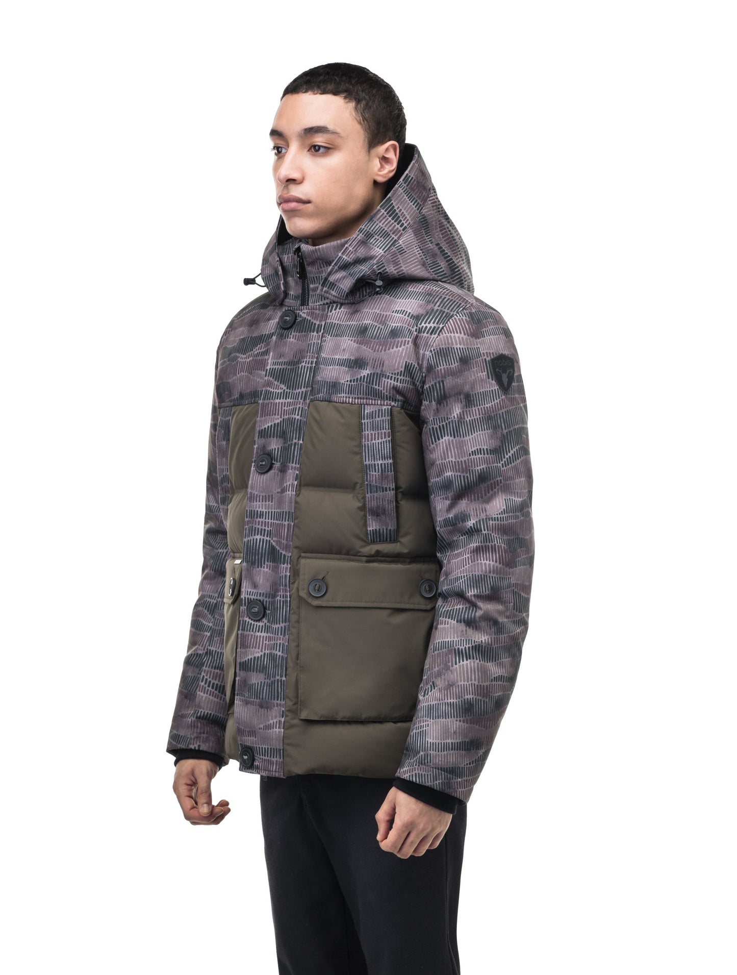 Cardinal Men's Puffer Parka in hip length, Canadian duck down insulation, removable hood, quilted body, and two-way front zipper, in Dark Sandstorm