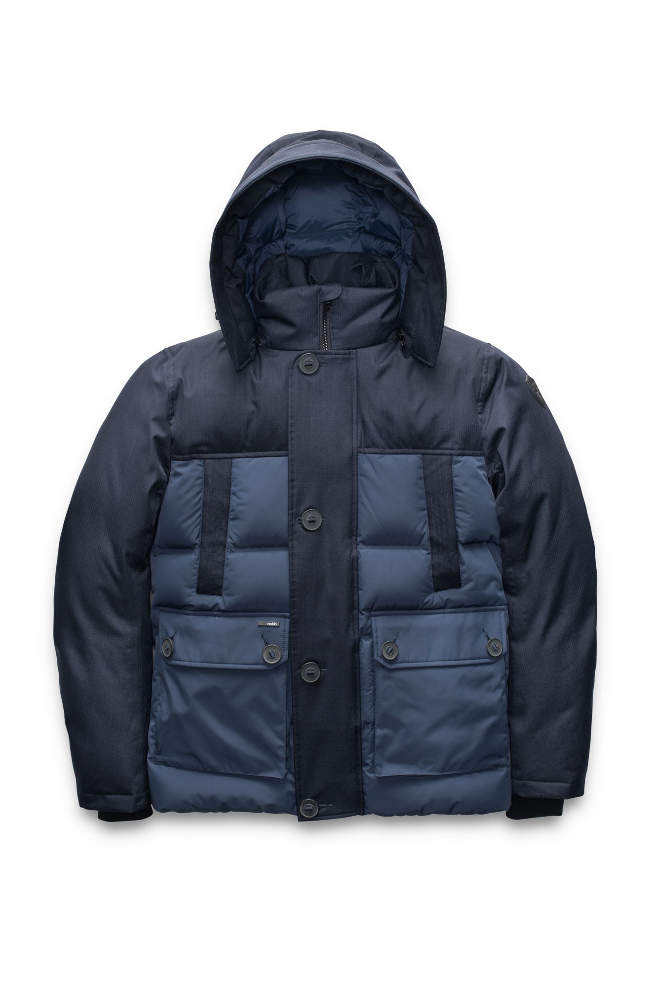 Cardinal Men's Puffer Parka in hip length, Canadian duck down insulation, removable hood, quilted body, and two-way front zipper, in Navy