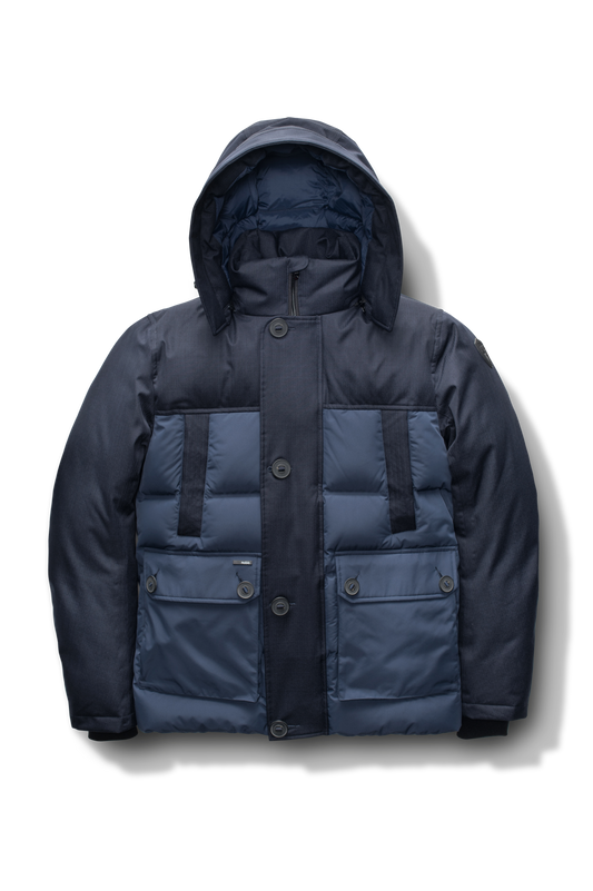 Cardinal Men's Puffer Parka in hip length, Canadian duck down insulation, removable hood, quilted body, and two-way front zipper, in Navy + Navy