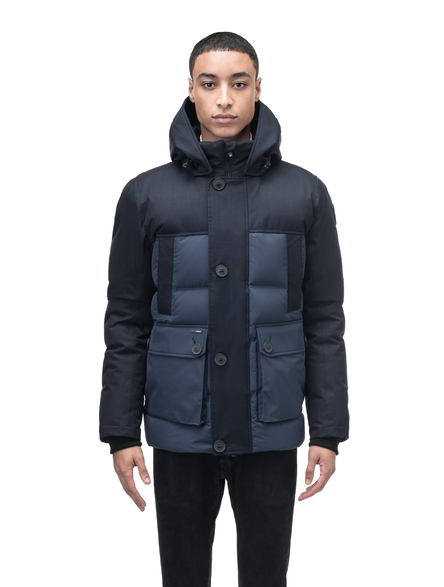 Cardinal Men's Puffer Parka in hip length, Canadian duck down insulation, removable hood, quilted body, and two-way front zipper, in Navy