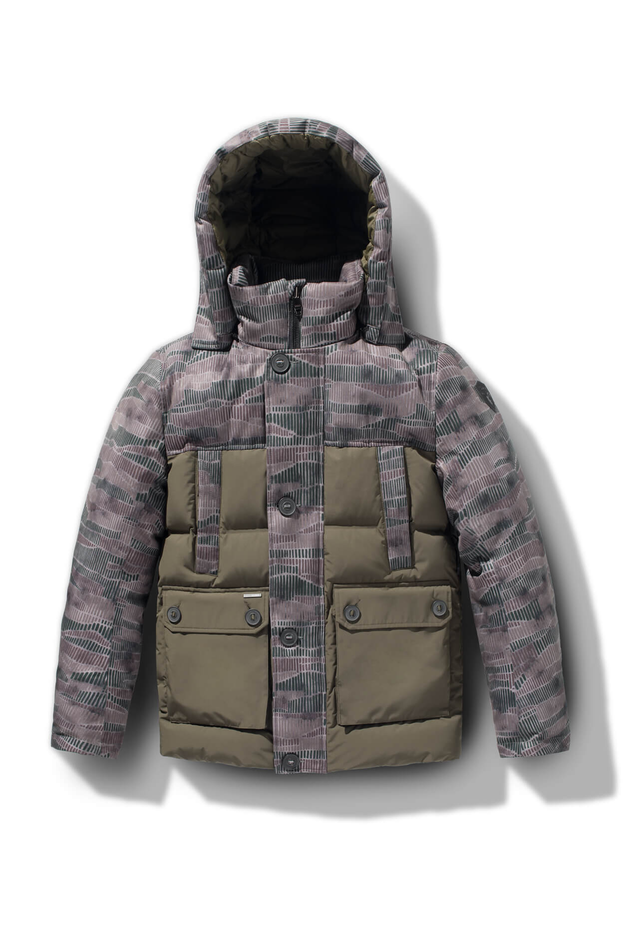 Cardinal Men's Puffer Parka in hip length, Canadian duck down insulation, removable hood, quilted body, and two-way front zipper, in Dark Sandstorm