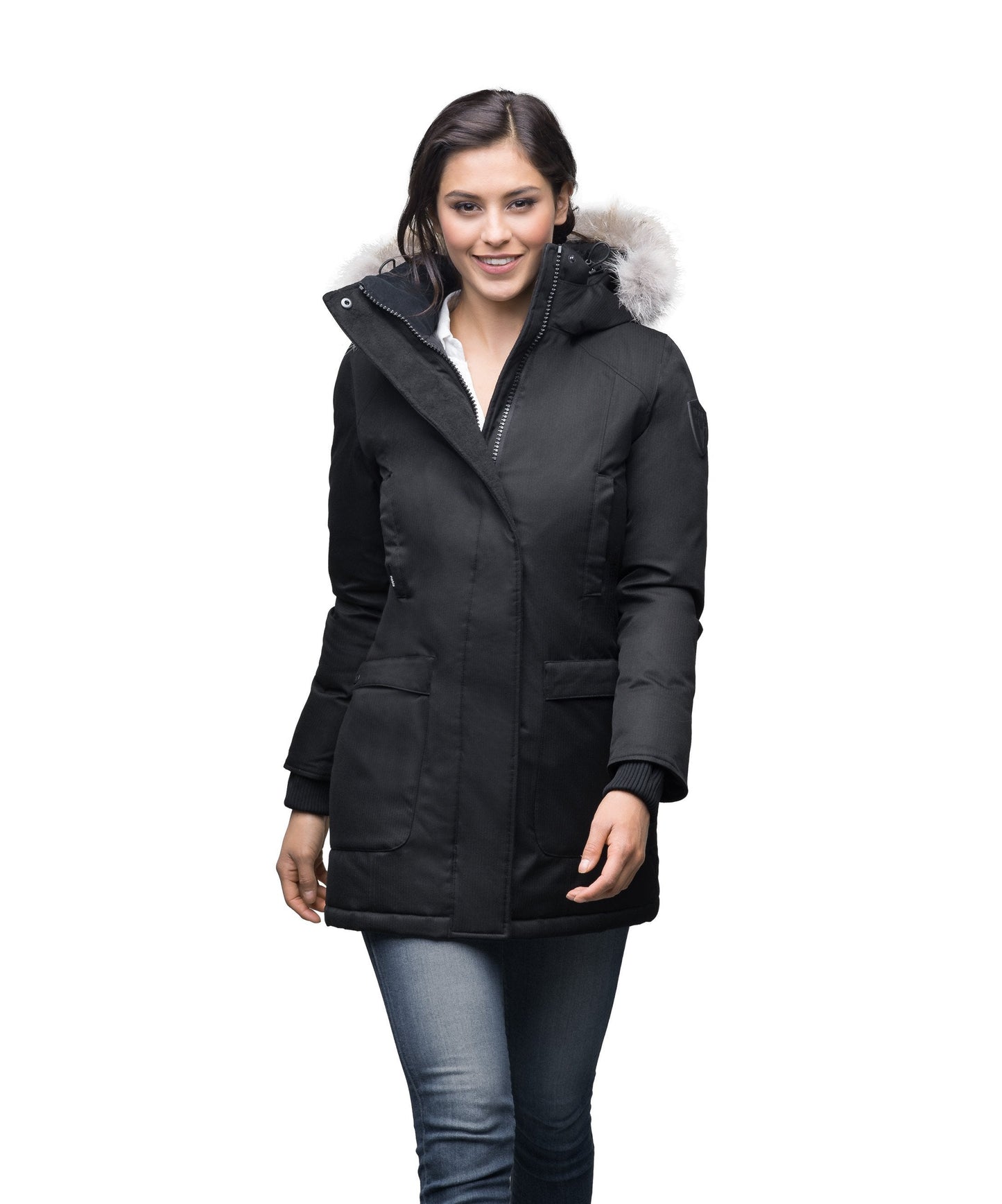 Women's down filled parka that sits just below the hip with a clean look and two hip patch pockets in CH Black