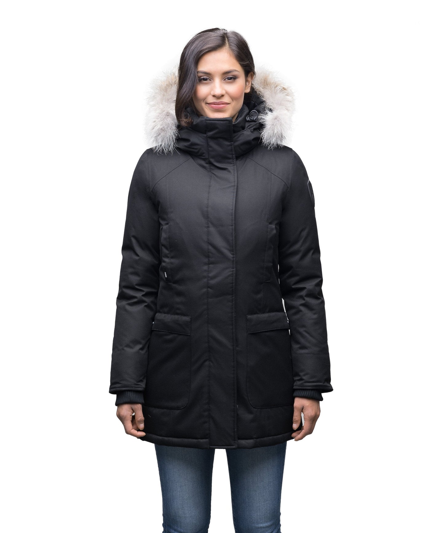 Women's down filled parka that sits just below the hip with a clean look and two hip patch pockets in CH Black