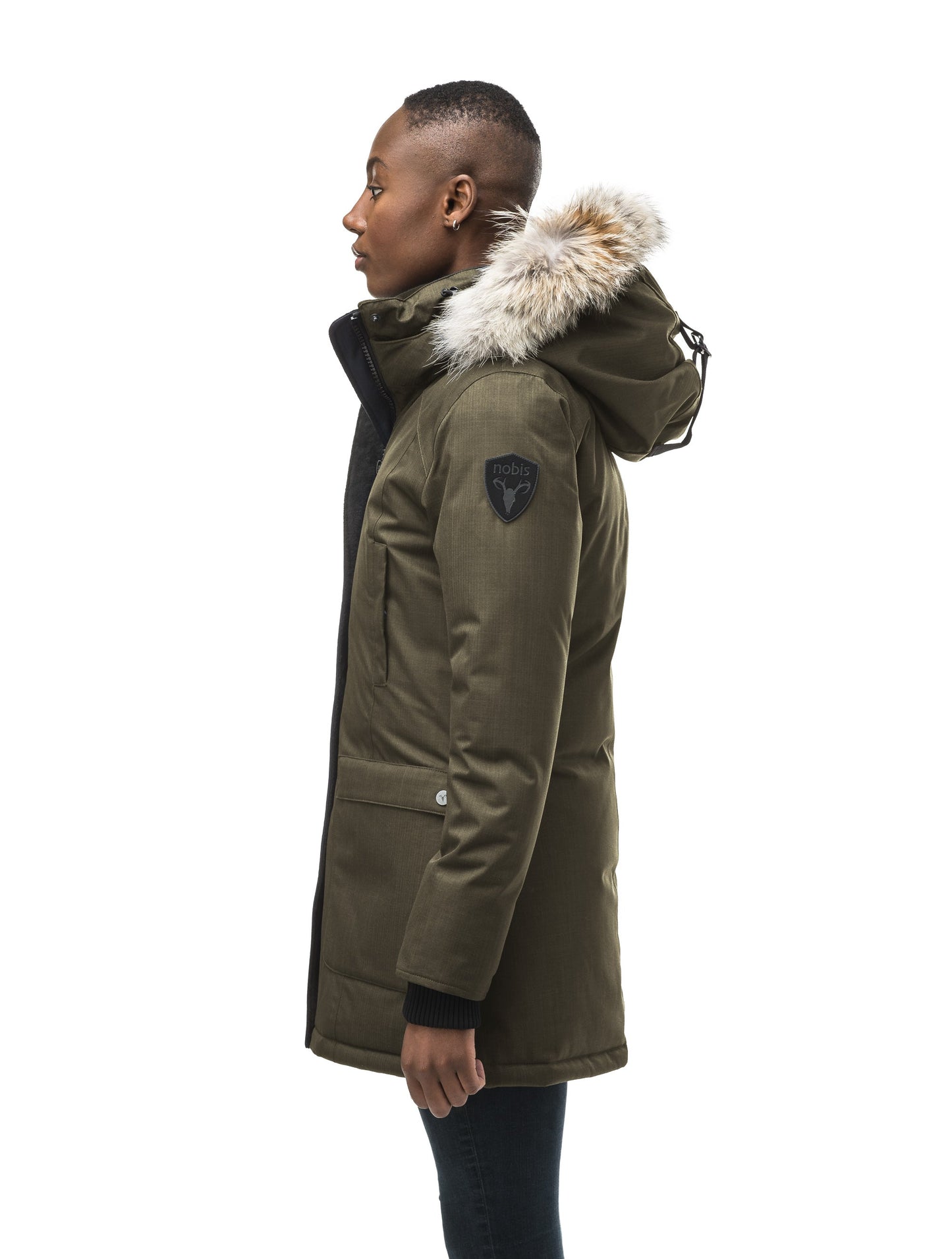 Women's down filled parka that sits just below the hip with a clean look and two hip patch pockets in CH Army Green