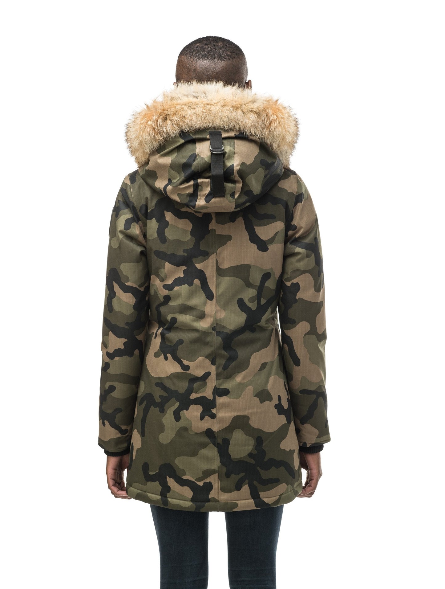 Women's down filled parka that sits just below the hip with a clean look and two hip patch pockets in CH Camo