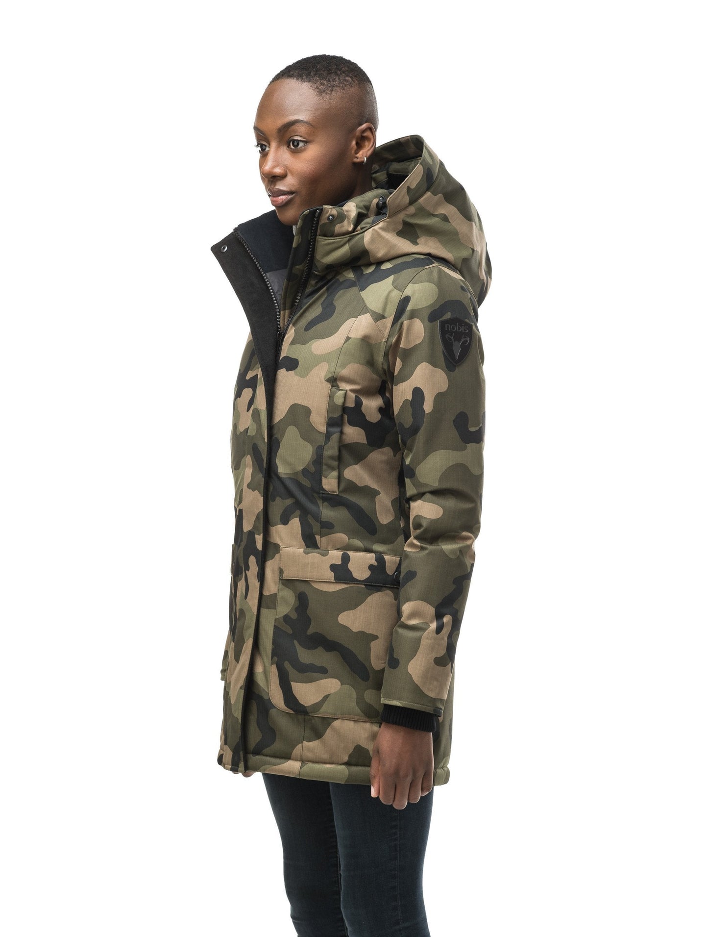 Women's down filled parka that sits just below the hip with a clean look and two hip patch pockets in CH Camo