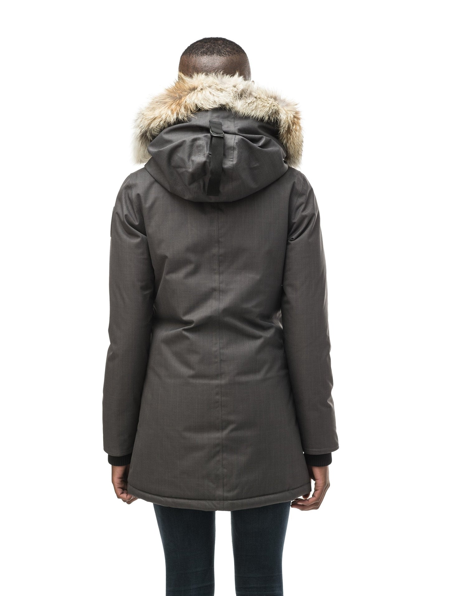 Women's down filled parka that sits just below the hip with a clean look and two hip patch pockets in CH Steel Grey