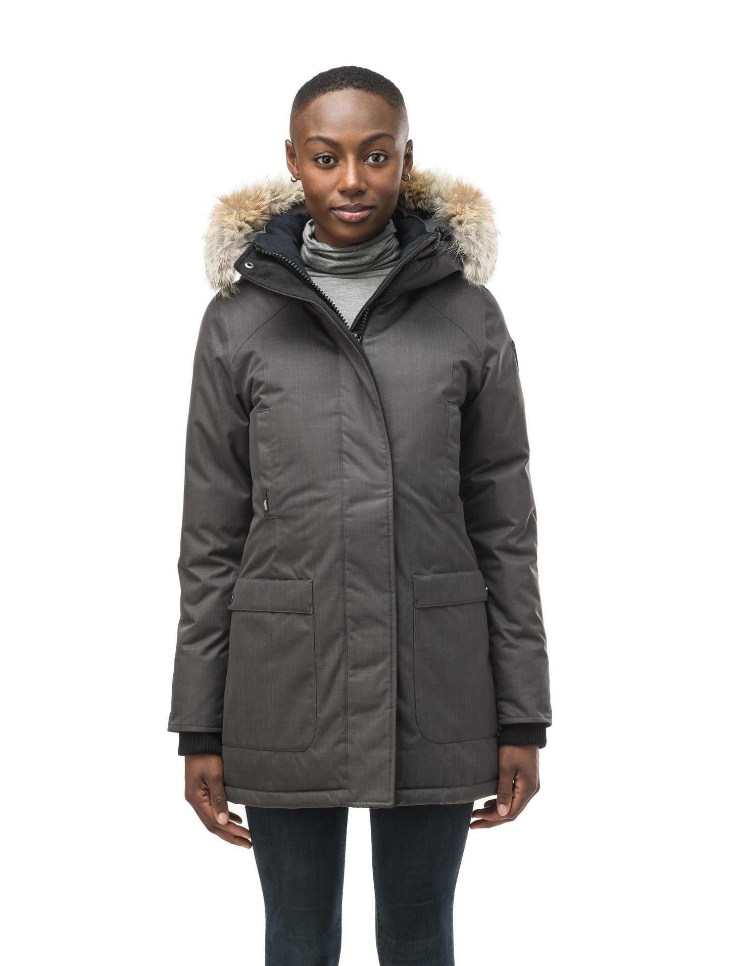 Women's down filled parka that sits just below the hip with a clean look and two hip patch pockets in CH Steel Grey