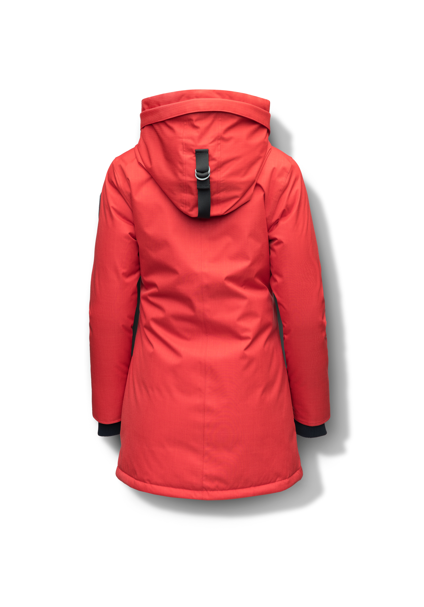 Women's down filled parka that sits just below the hip with a clean look and two hip patch pockets in BlackCarla Furless Ladies Parka in thigh length with Canadian Premium White Duck Down insulation, non-removable hood, centre-front zipper with magnetic closure wind flap, and four exterior pockets, in Vermillion