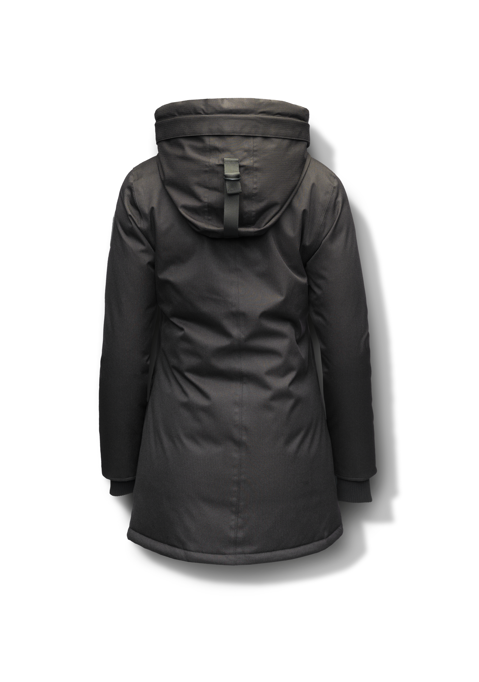 Carla Furless Ladies Parka in thigh length with Canadian Premium White Duck Down insulation, non-removable hood, centre-front zipper with magnetic closure wind flap, and four exterior pockets, in Black