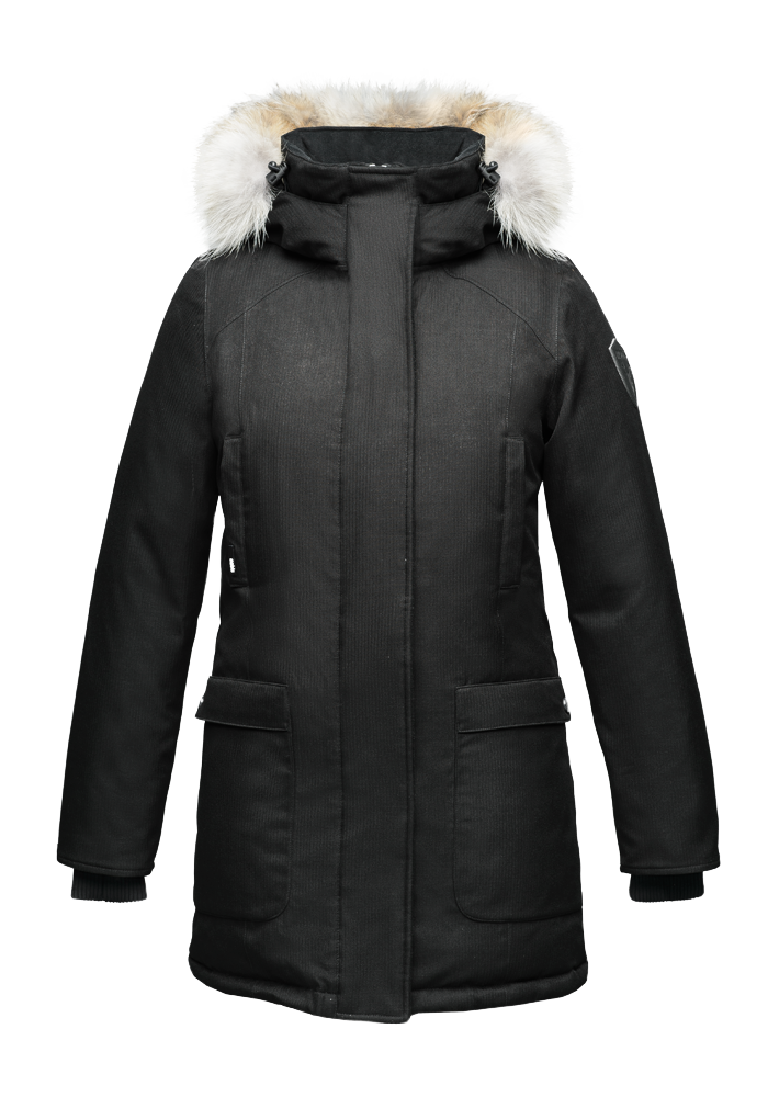 Women's down filled parka that sits just below the hip with a clean look and two hip patch pockets in CH Black