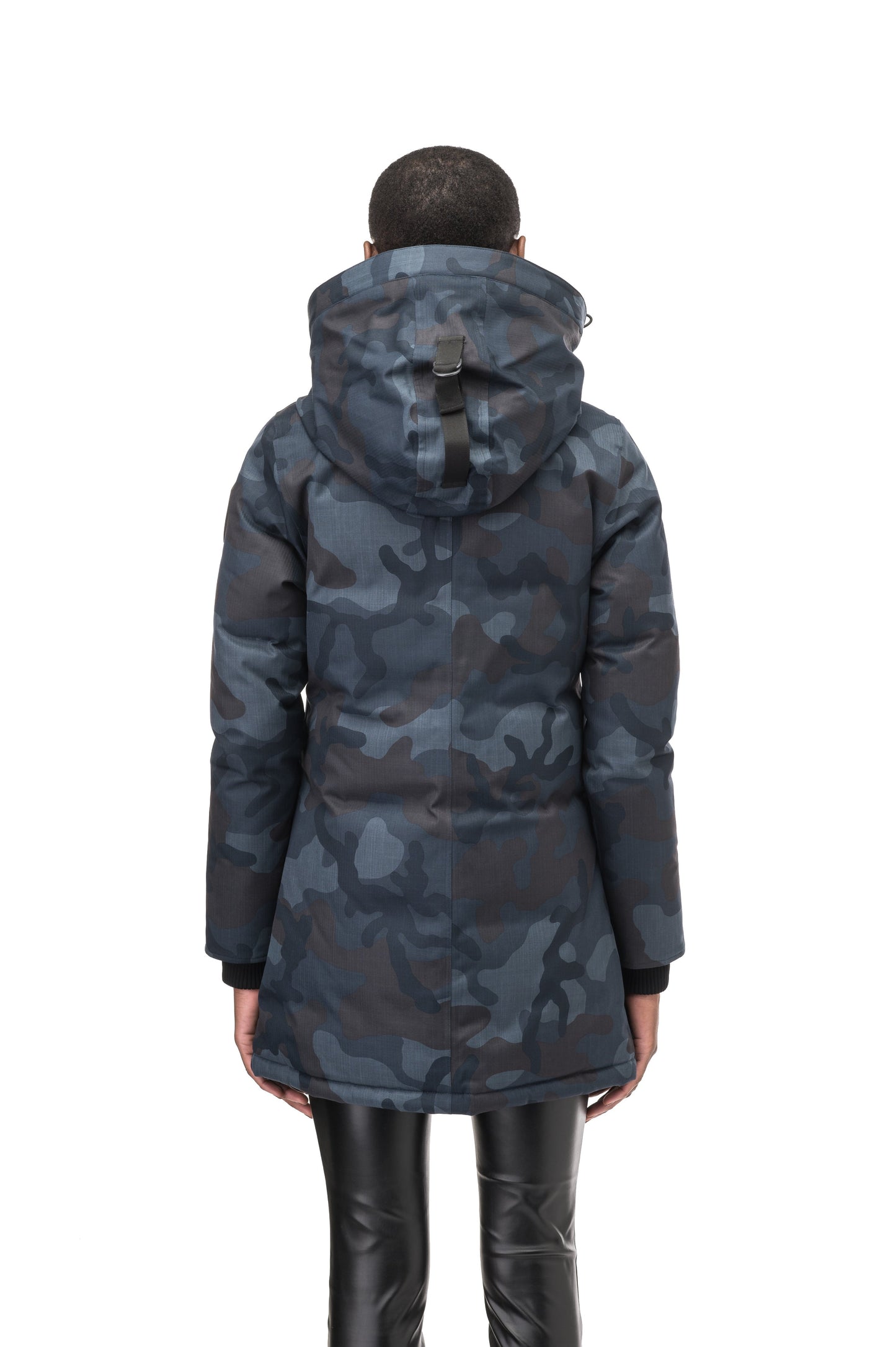 Women's down filled parka that sits just below the hip with a clean look and two hip patch pockets in Navy Camo