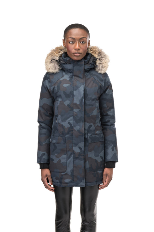 Women's down filled parka that sits just below the hip with a clean look and two hip patch pockets in Navy Camo + Navy Camo