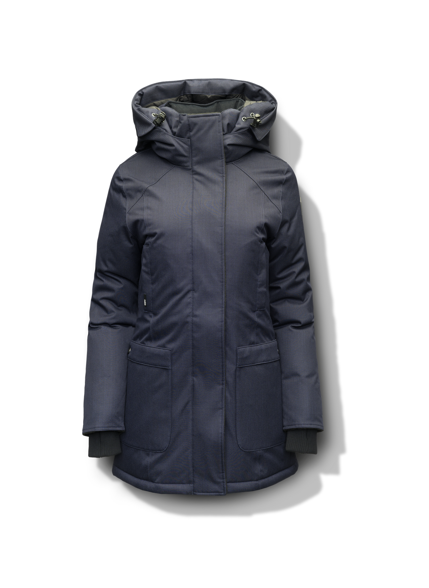 Carla Furless Ladies Parka in thigh length with Canadian Premium White Duck Down insulation, non-removable hood, centre-front zipper with magnetic closure wind flap, and four exterior pockets, in Navy