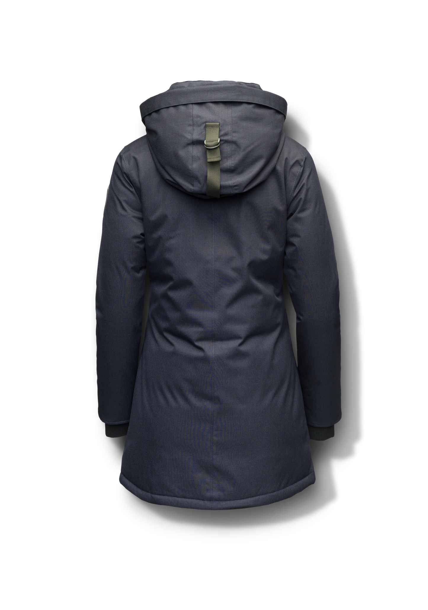 Carla Furless Ladies Parka in thigh length with Canadian Premium White Duck Down insulation, non-removable hood, centre-front zipper with magnetic closure wind flap, and four exterior pockets, in Navy