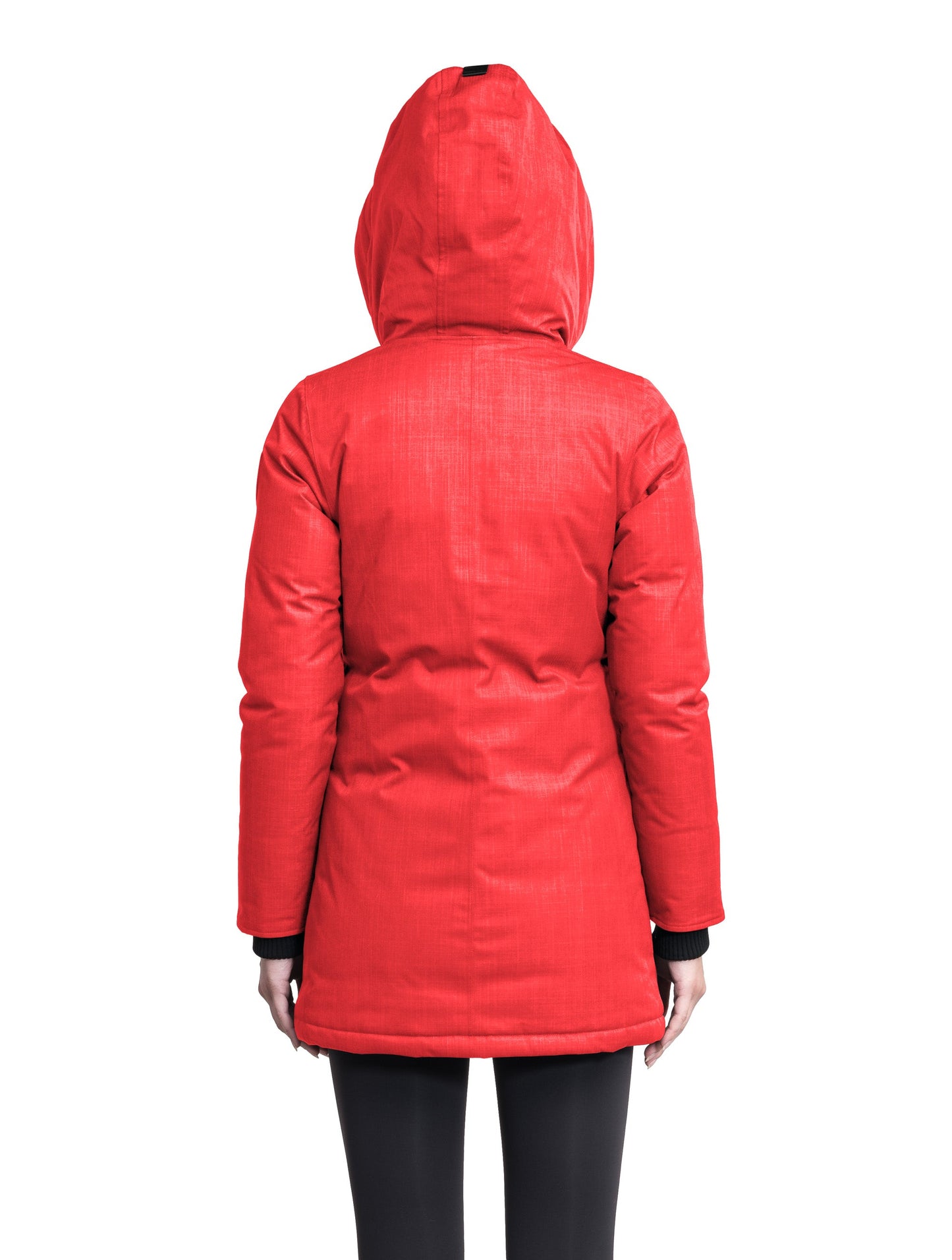 Women's down filled parka that sits just below the hip with a clean look and two hip patch pockets in BlackCarla Furless Ladies Parka in thigh length with Canadian Premium White Duck Down insulation, non-removable hood, centre-front zipper with magnetic closure wind flap, and four exterior pockets, in Vermillion