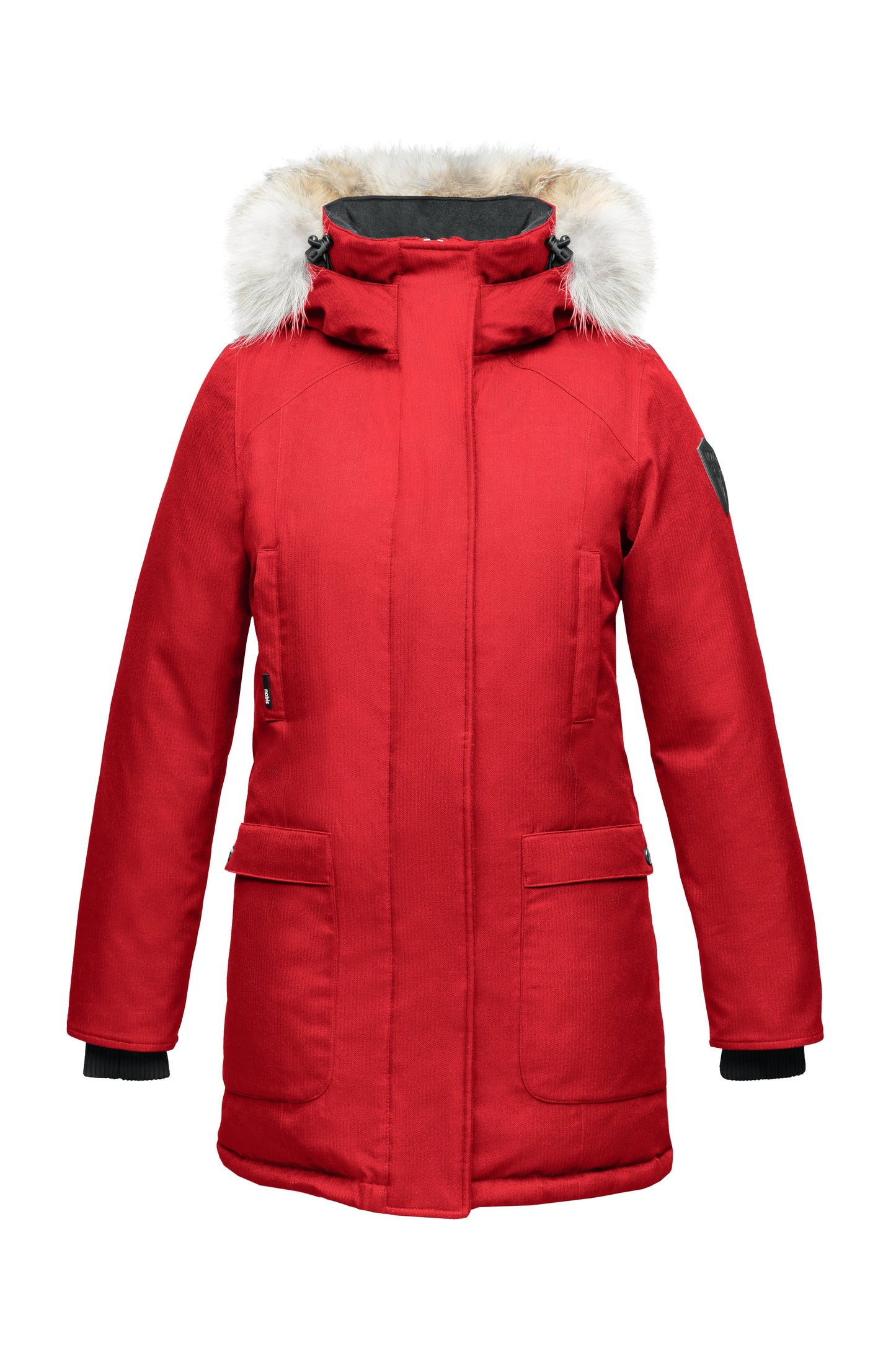 Women's down filled parka that sits just below the hip with a clean look and two hip patch pockets in CH Red