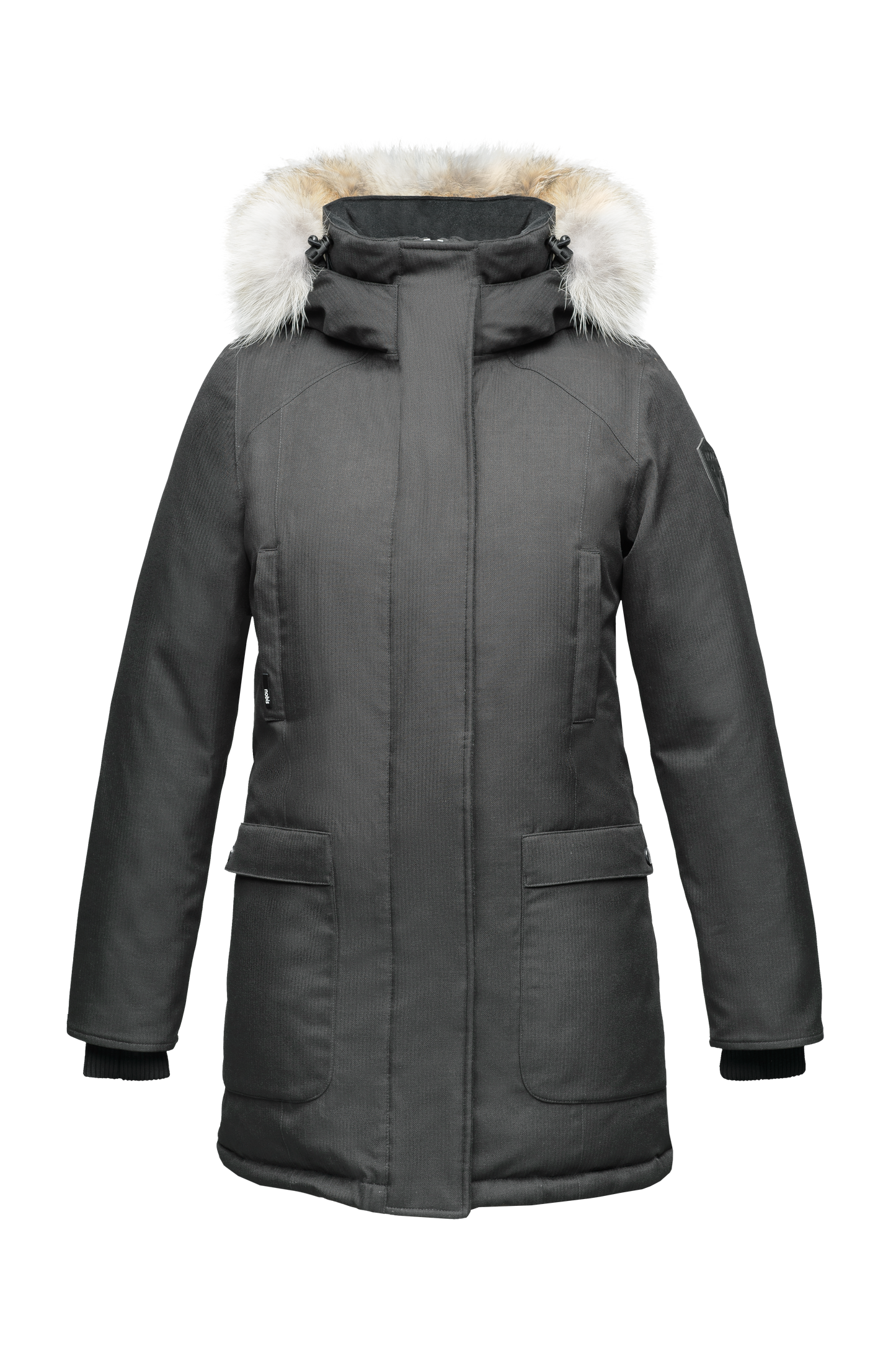 Women's down filled parka that sits just below the hip with a clean look and two hip patch pockets in CH Steel Grey