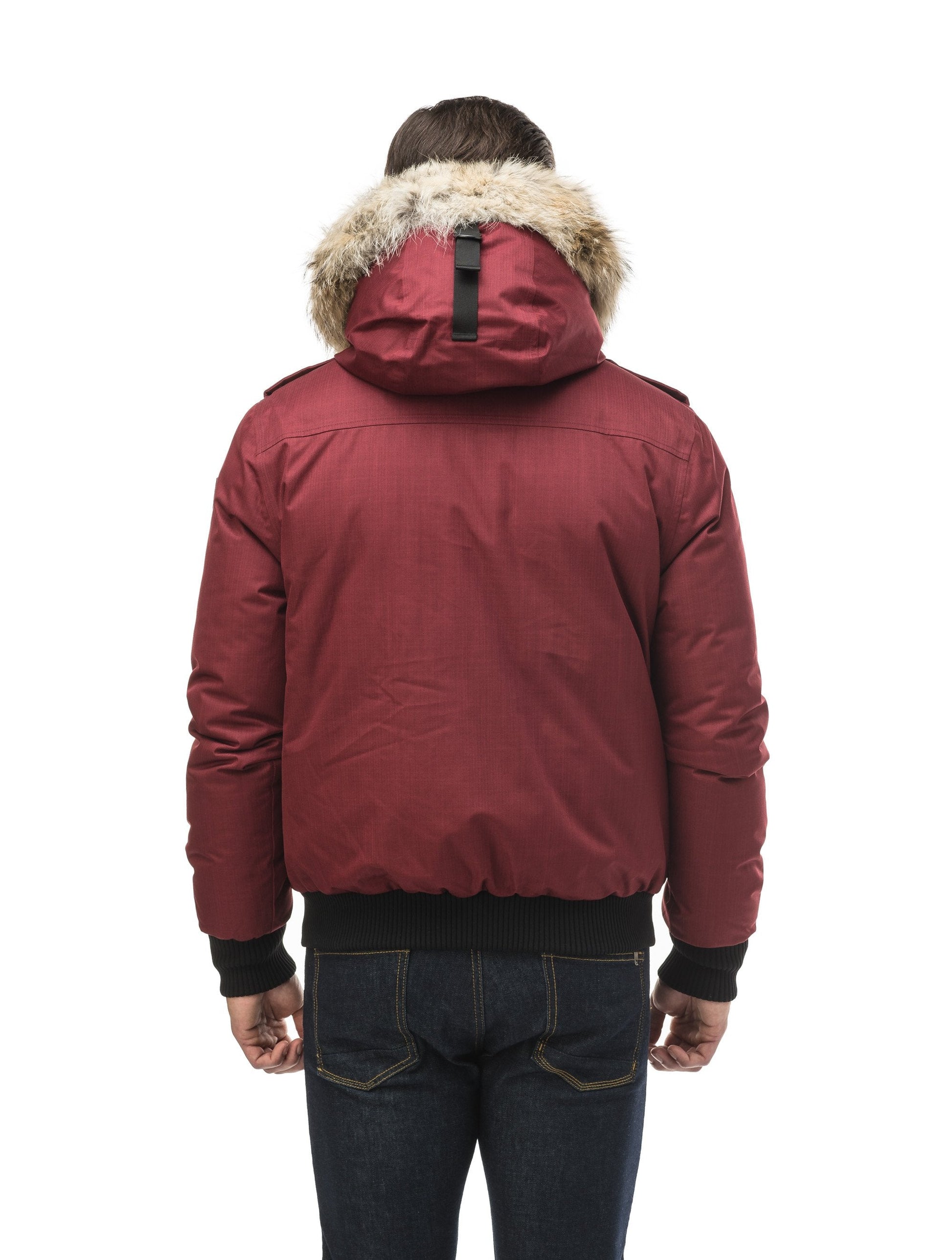 Men's down filled bomber that sits just above the hips with a completely removable hood that's windproof, waterproof, and breathable in CH Cabernet