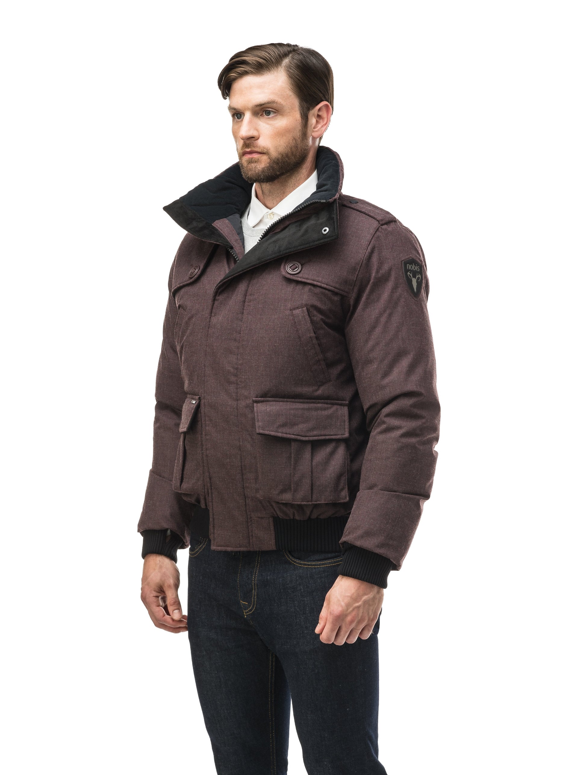 Men's down filled bomber that sits just above the hips with a completely removable hood that's windproof, waterproof, and breathable in H. Burgundy