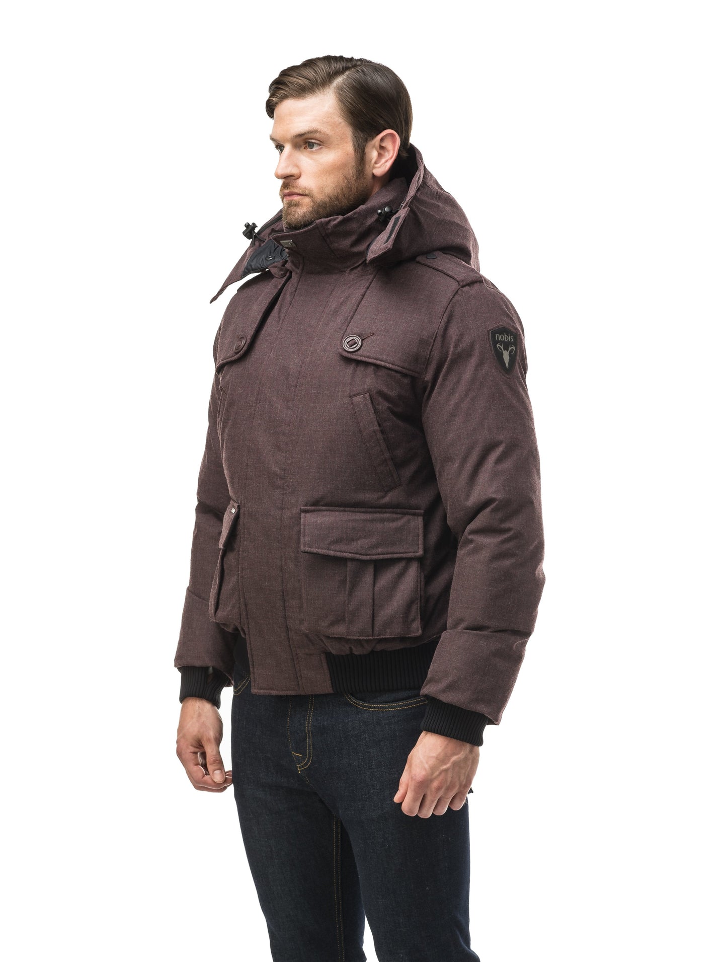 Men's down filled bomber that sits just above the hips with a completely removable hood that's windproof, waterproof, and breathable in H. Burgundy