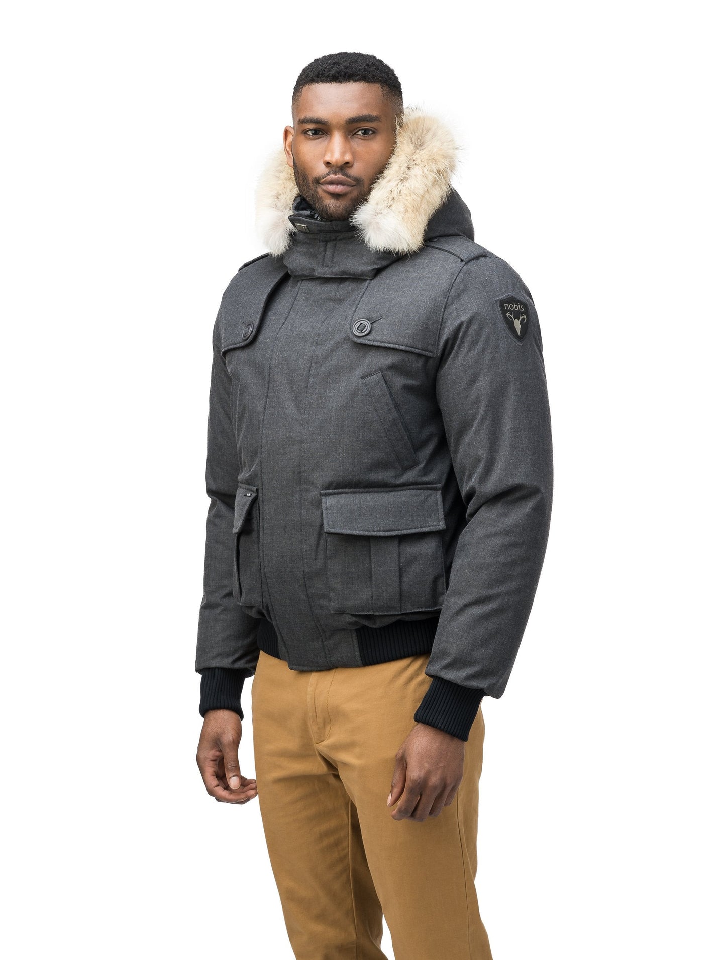 Men's down filled bomber that sits just above the hips with a completely removable hood that's windproof, waterproof, and breathable in H. Charcoal