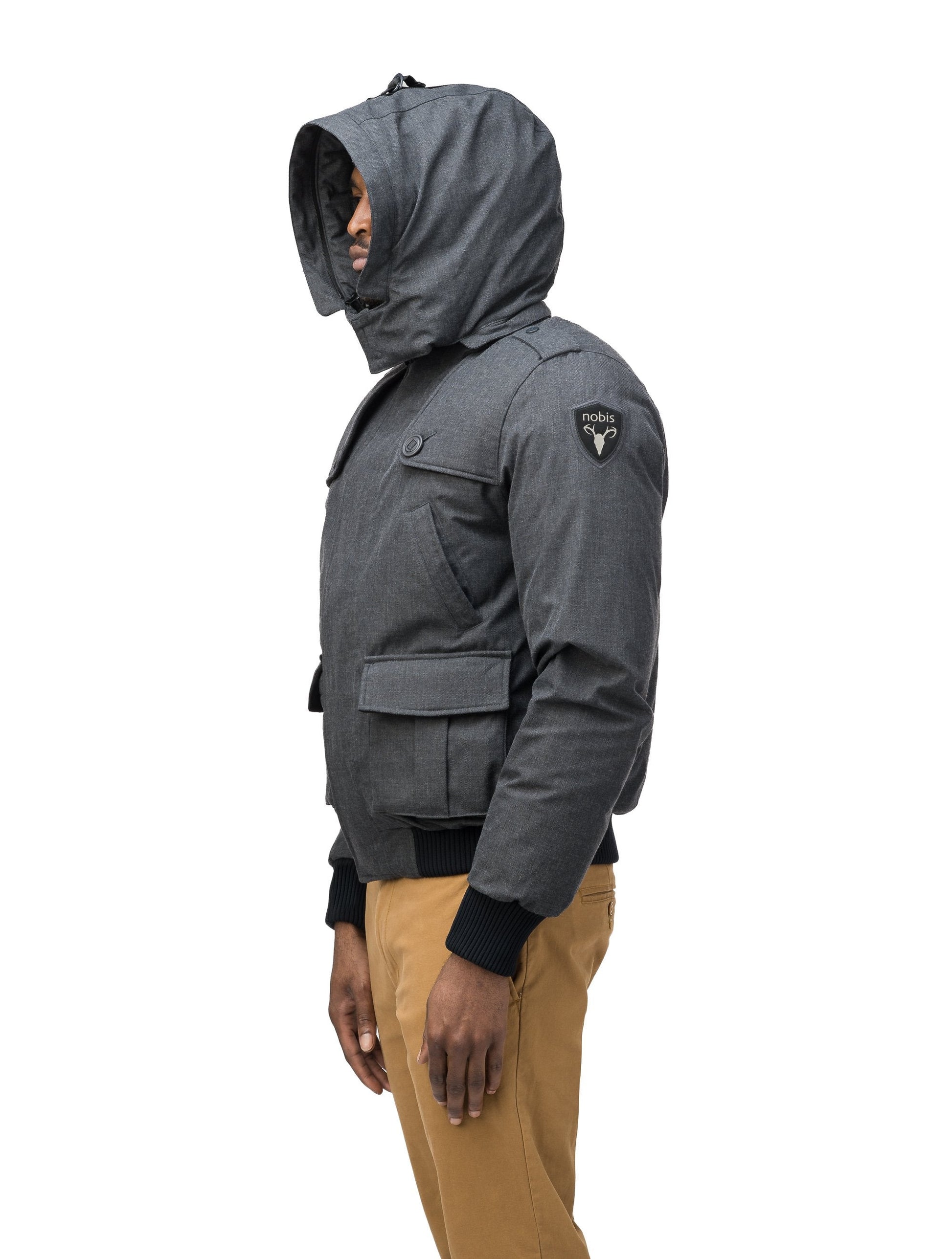 Men's down filled bomber that sits just above the hips with a completely removable hood that's windproof, waterproof, and breathable in H. Charcoal