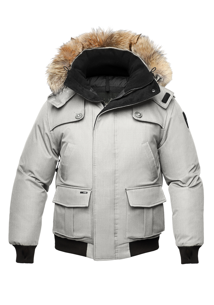 Men's down filled bomber that sits just above the hips with a completely removable hood that's windproof, waterproof, and breathable in CH Light Grey