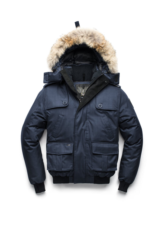 Men's down filled bomber that sits just above the hips with a completely removable hood that's windproof, waterproof, and breathable in CH Navy