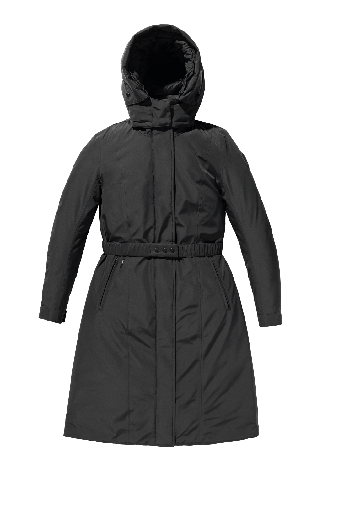 Celest Ladies Duster Parka in knee length, Canadian duck down insulation, removable hood and coyote fur trim, with adjustable belt, in Black